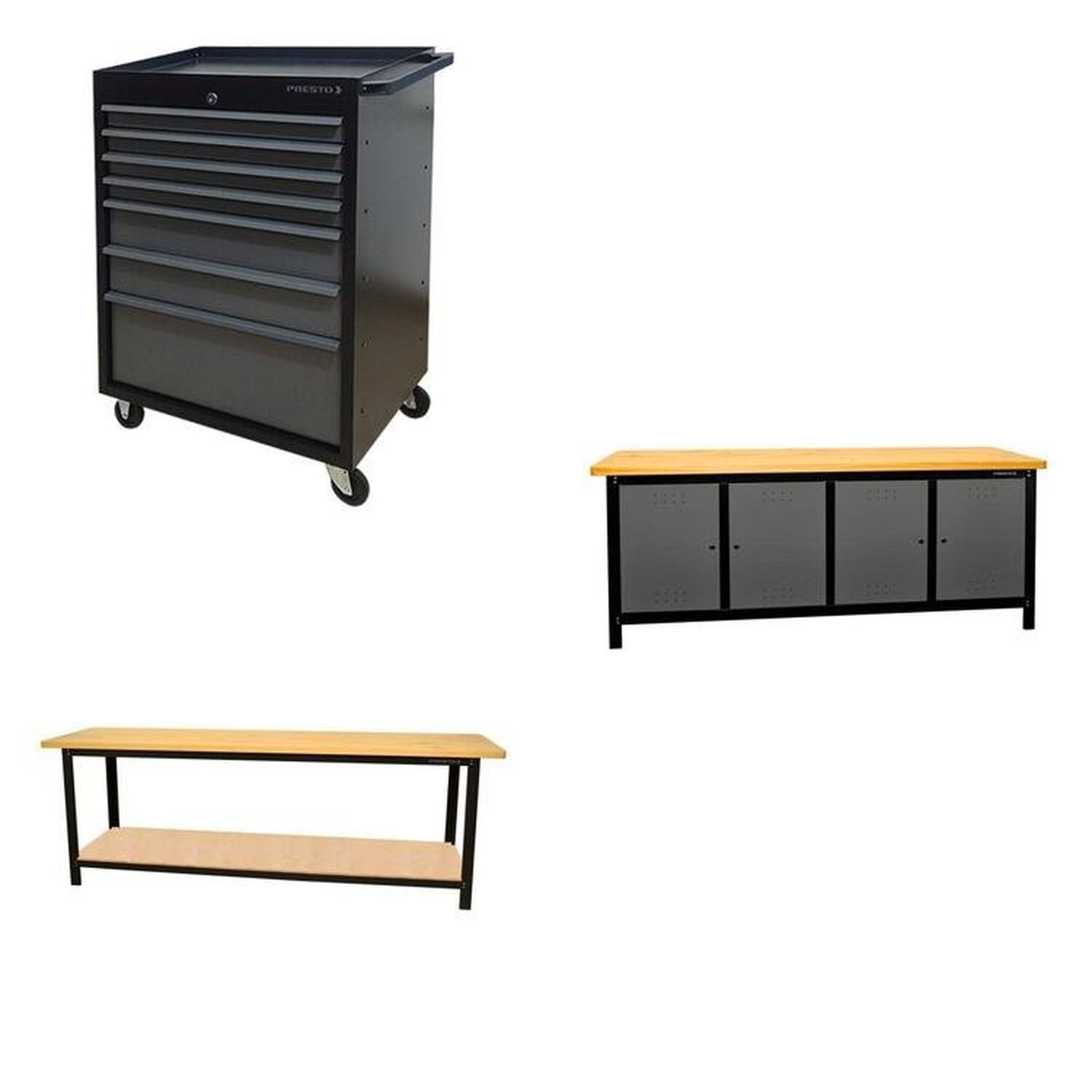Conjunto 1 Carro Profissional 7 Gavetas 2 Bancadas 200cm Para Ferramentas Presto Preto