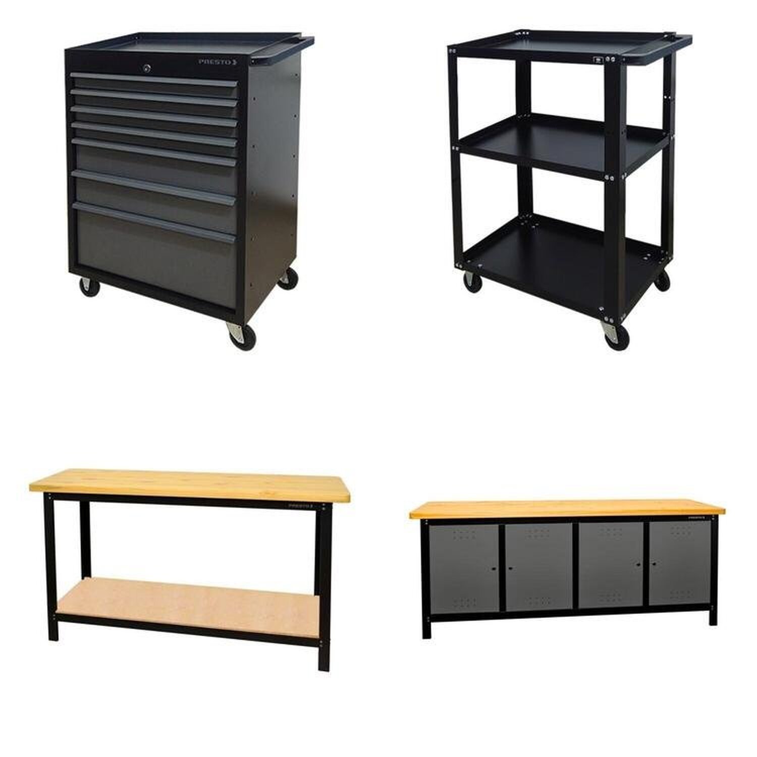 Conjunto 2 Carros Profissional 7 Gavetas 2 Bancadas Profissional 200cm Para Ferramentas Presto Preto