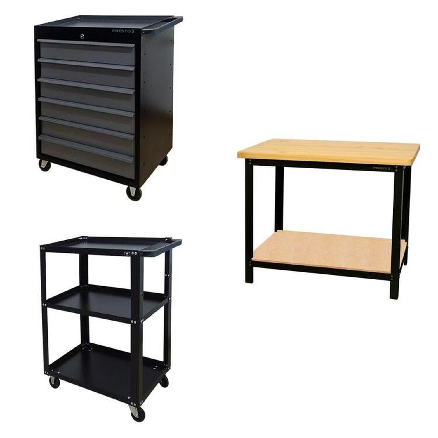 Conjunto 2 Carros Profissional 6 Gavetas 1 Bancada Profissional De 110cm Para Ferramentas Presto Preto