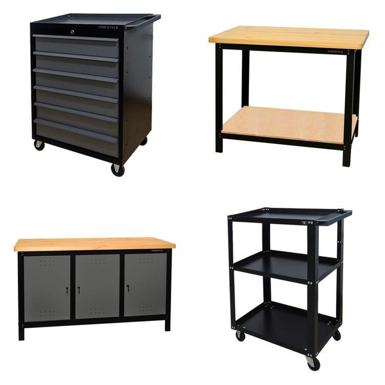 Conjunto 2 Carros Profissional 6 Gavetas 2 Bancadas Profissional 150cm Para Ferramentas Presto Preto
