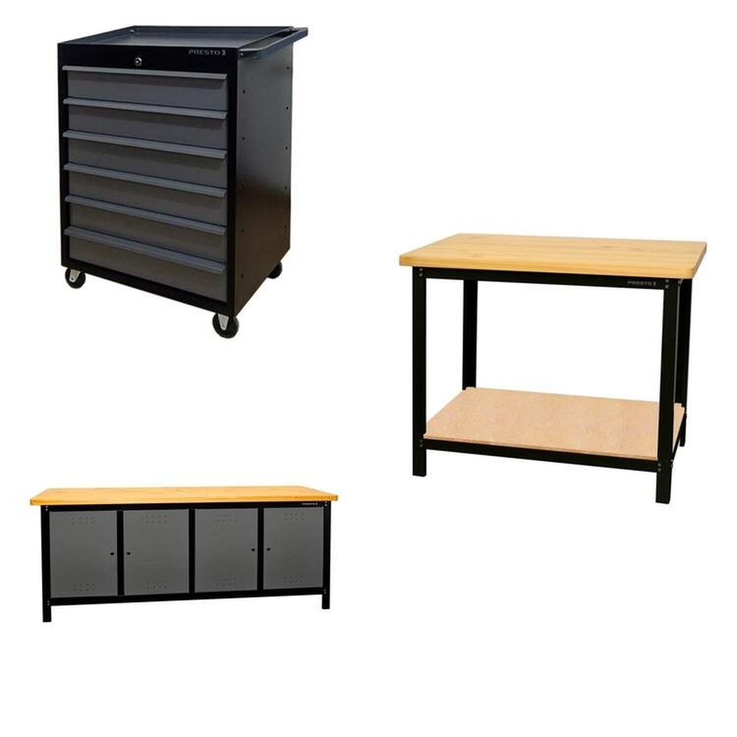 Conjunto 1 Carro Profissional 6 Gavetas 2 Bancada Profissional De Cm Para Ferramentas Presto Preto