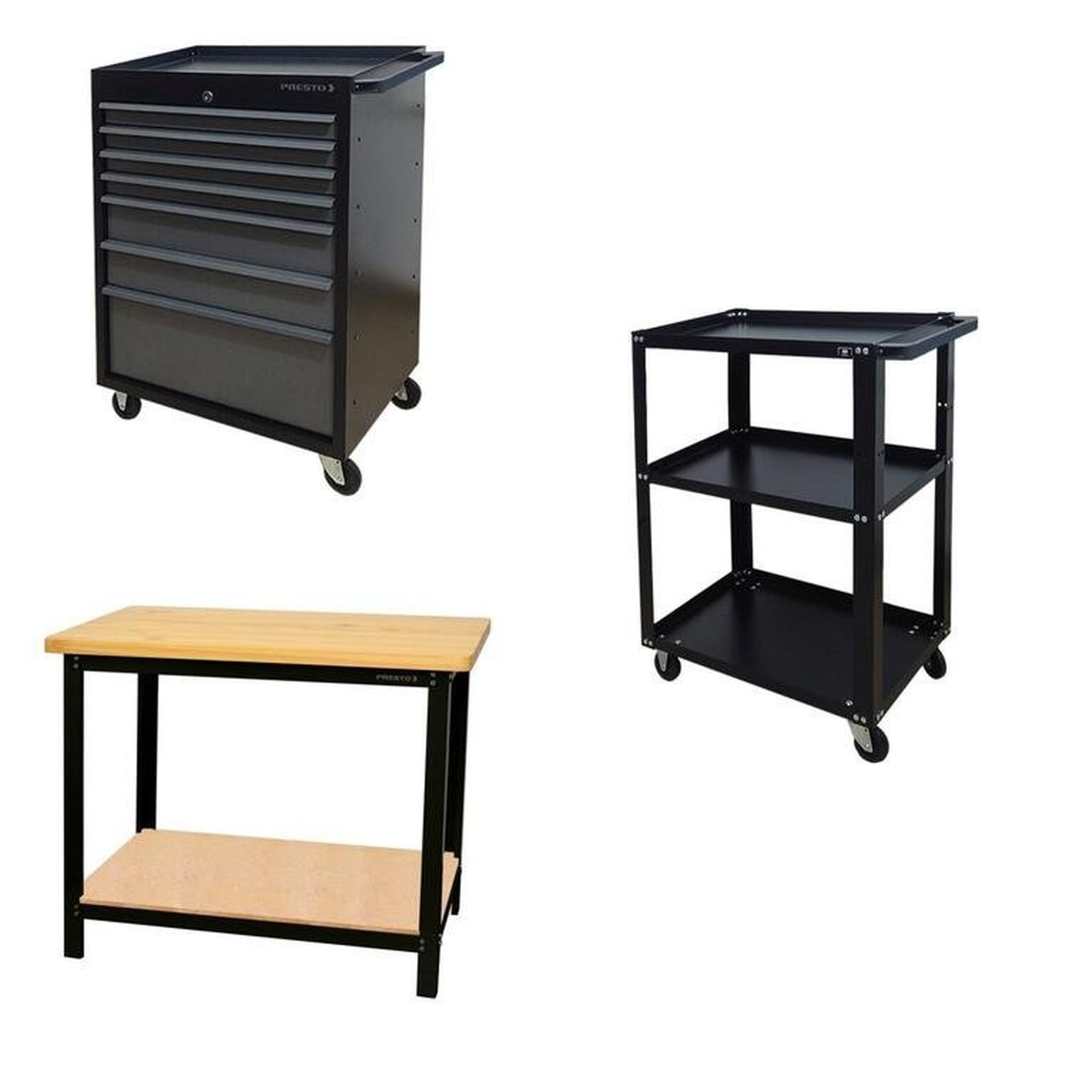 Conjunto 2 Carros Profissional Em Aço 1 Bancada 110cm Para Ferramentas Presto Preto