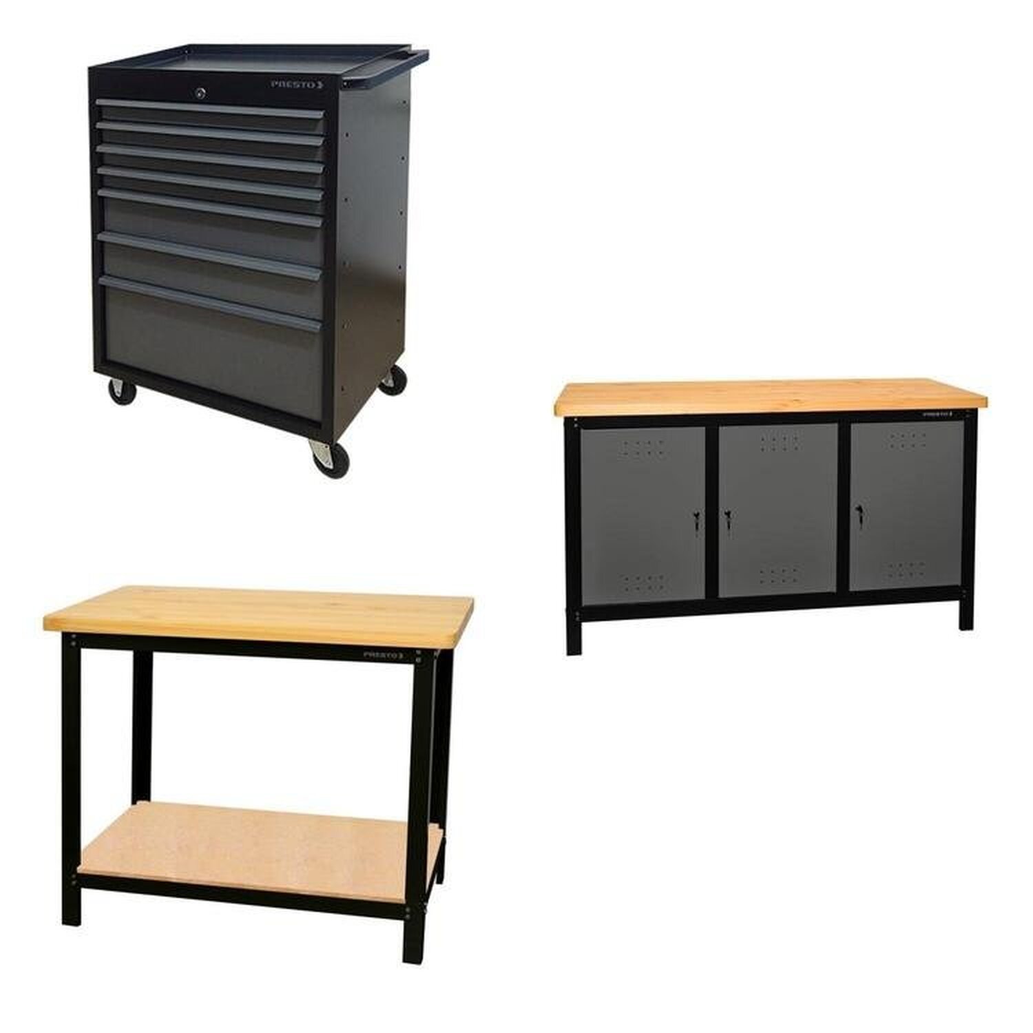 Conjunto 1 Carro Profissional 7 Gavetas 2 Bancadas 150cm Para Ferramentas Presto Preto