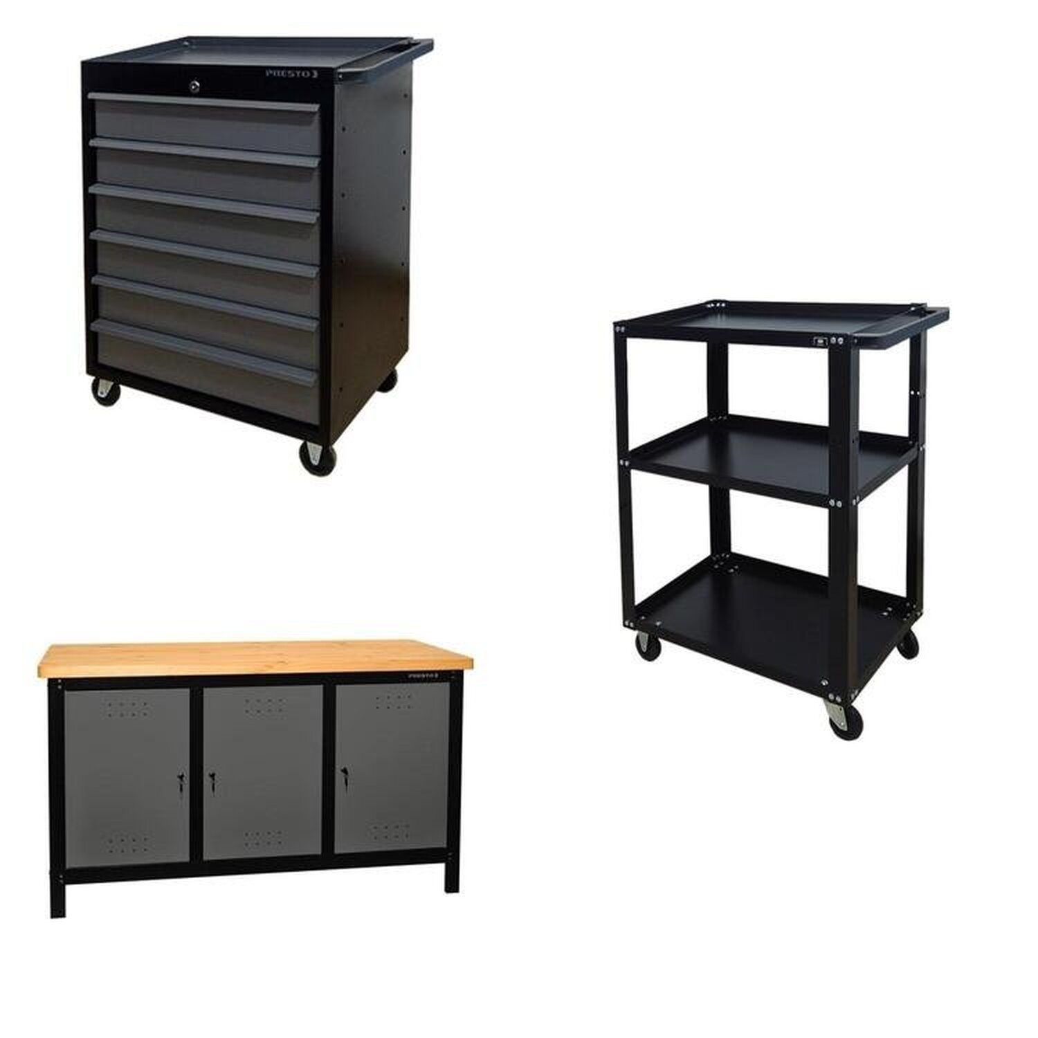 Conjunto 2 Carros Profissional 6 Gavetas 1 Bancada Profissional De 150cm Para Ferramentas Presto Preto