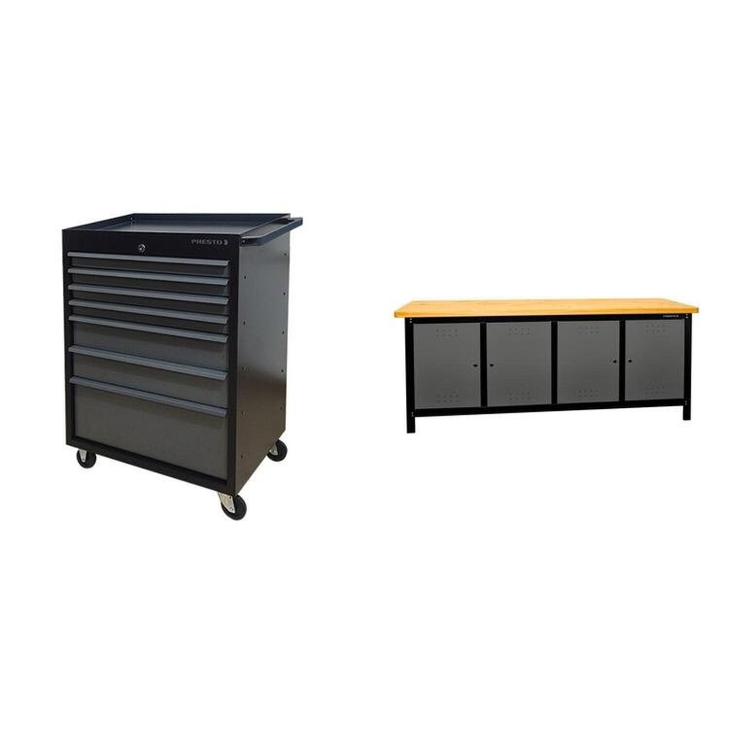 Conjunto 1 Carro Profissional 7 Gavetas 1 Bancada Profissional De 200cm Para Ferramentas Presto Preto