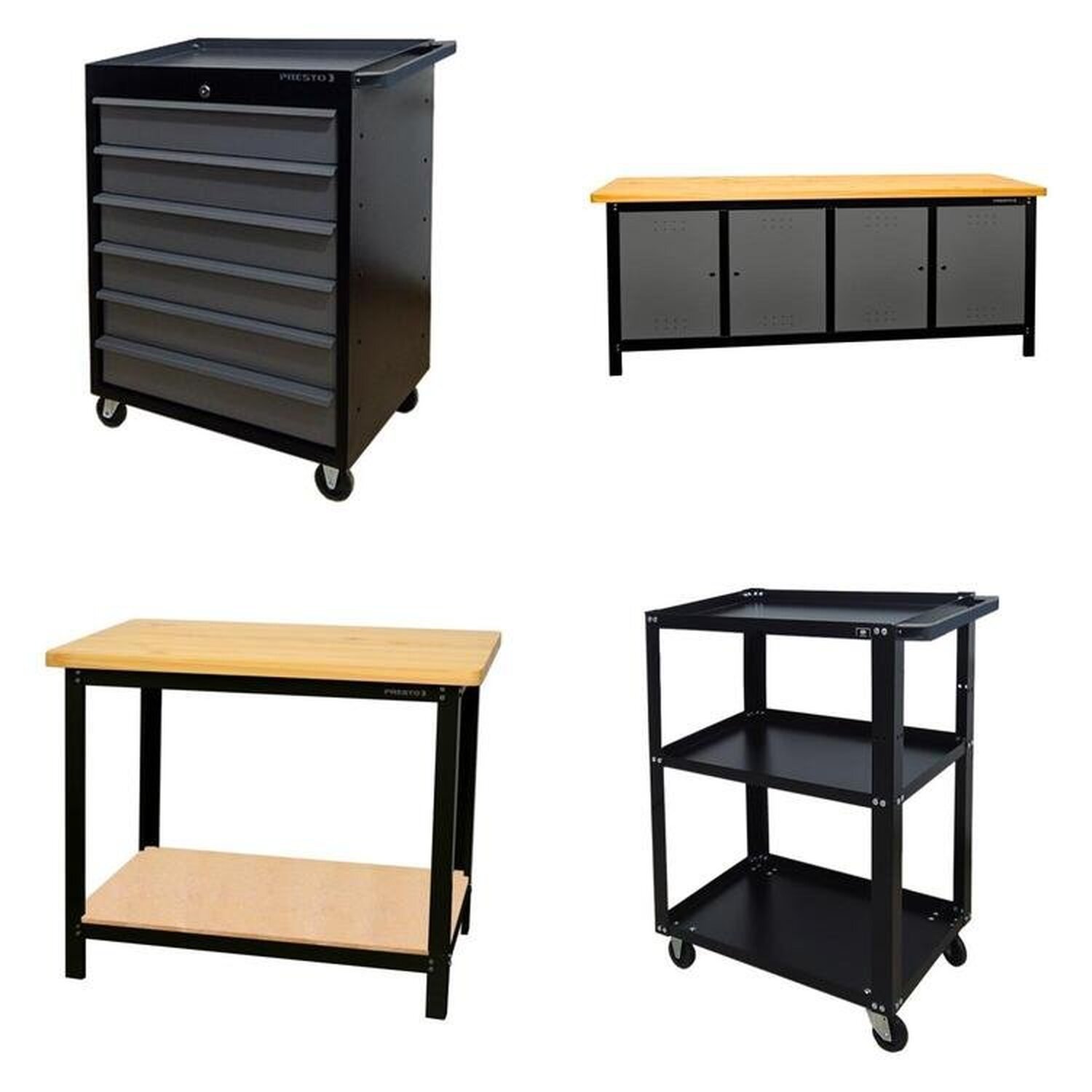 Conjunto 2 Carros Profissional 6 Gavetas 2 Bancadas Profissional 200cm Para Ferramentas Presto Preto