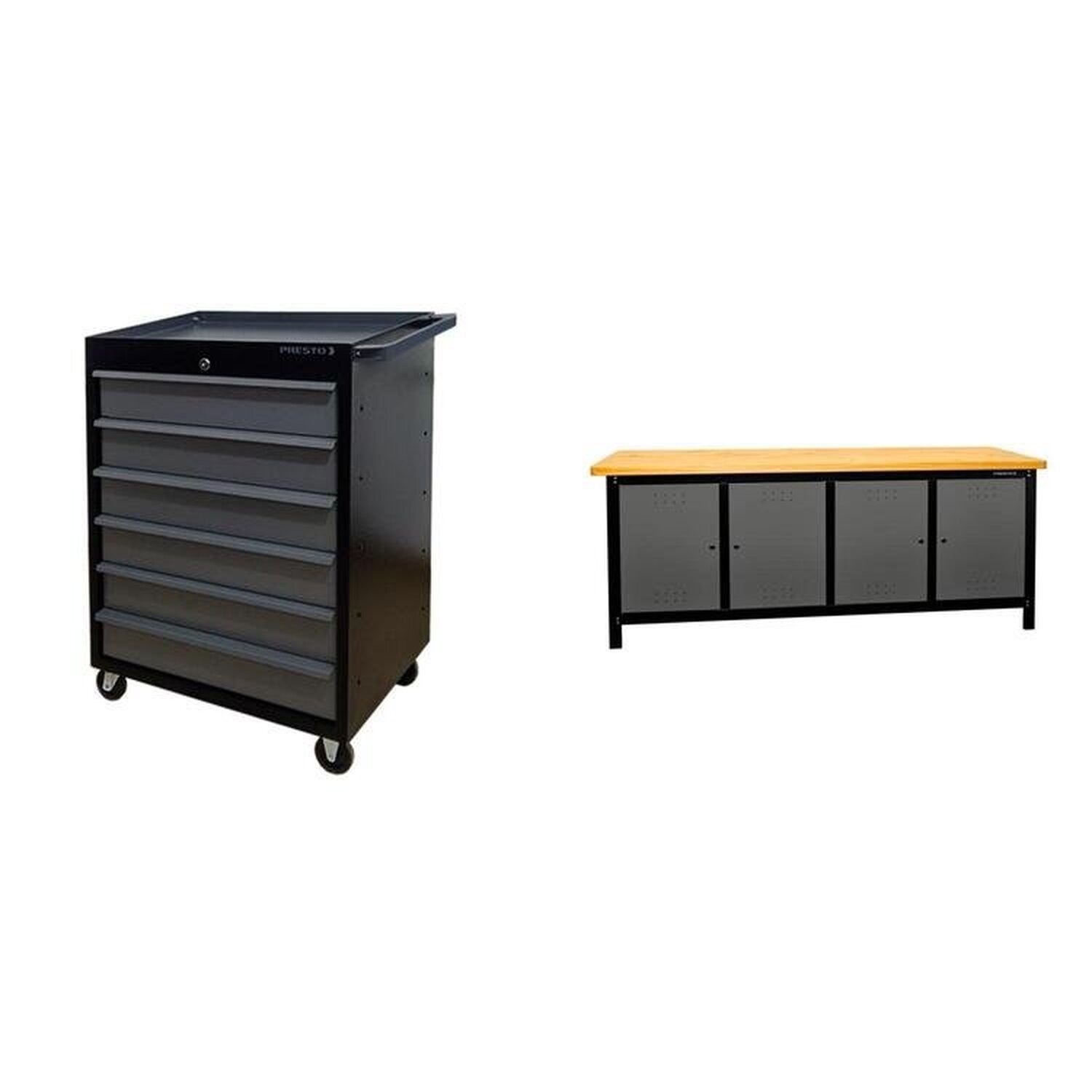 Conjunto 1 Carro Profissional 6 Gavetas 1 Bancada Profissional De 200cm Para Ferramentas Presto Preto