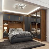 Quarto Modulado Casal Completo 4 Peças 5 Portas 4 Gavetas Com Maleiro E Espelhos Smart Plus Cinamomo/cinza