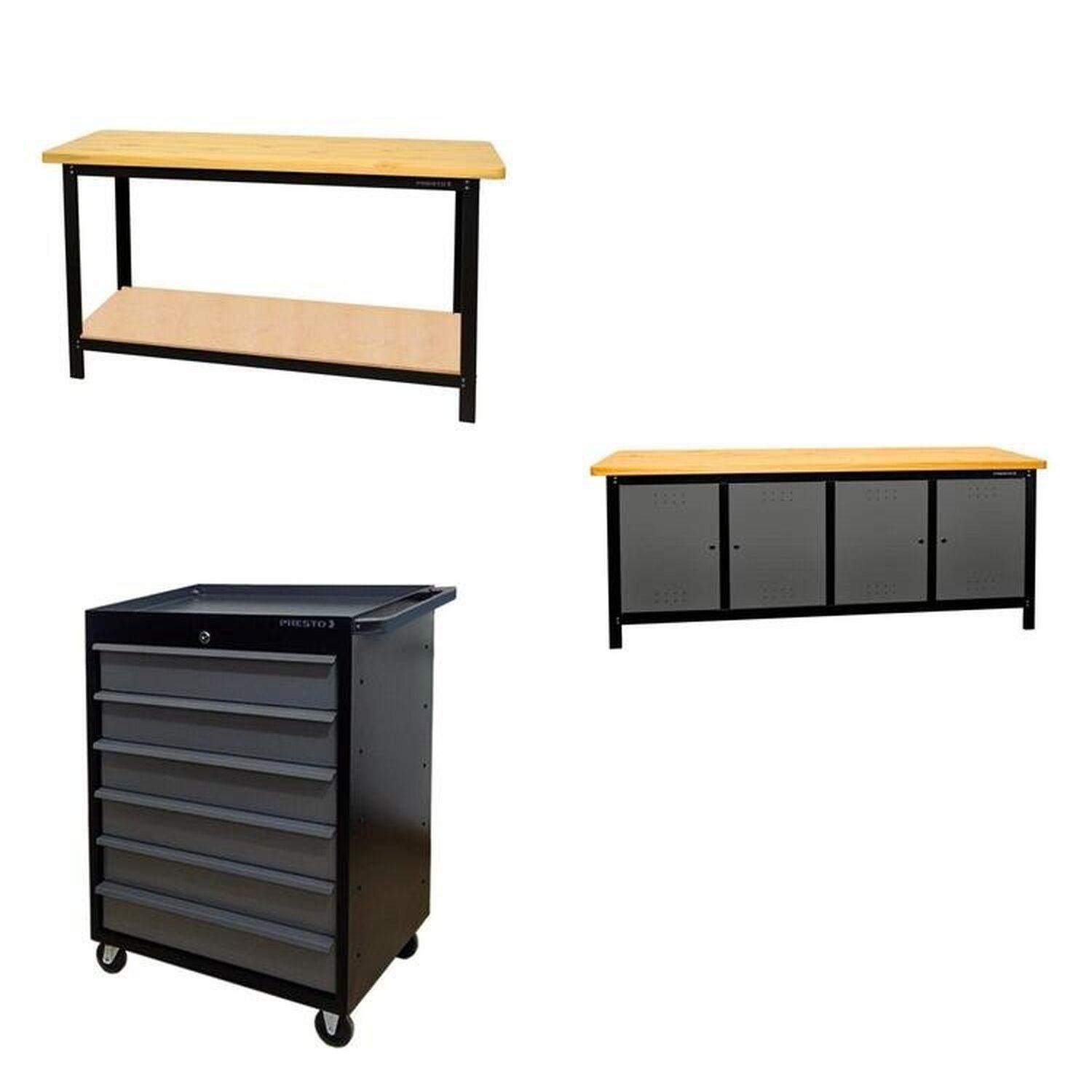 Conjunto 1 Carro Profissional 6 Gavetas 2 Bancada Profissional Para Ferramentas Presto Preto