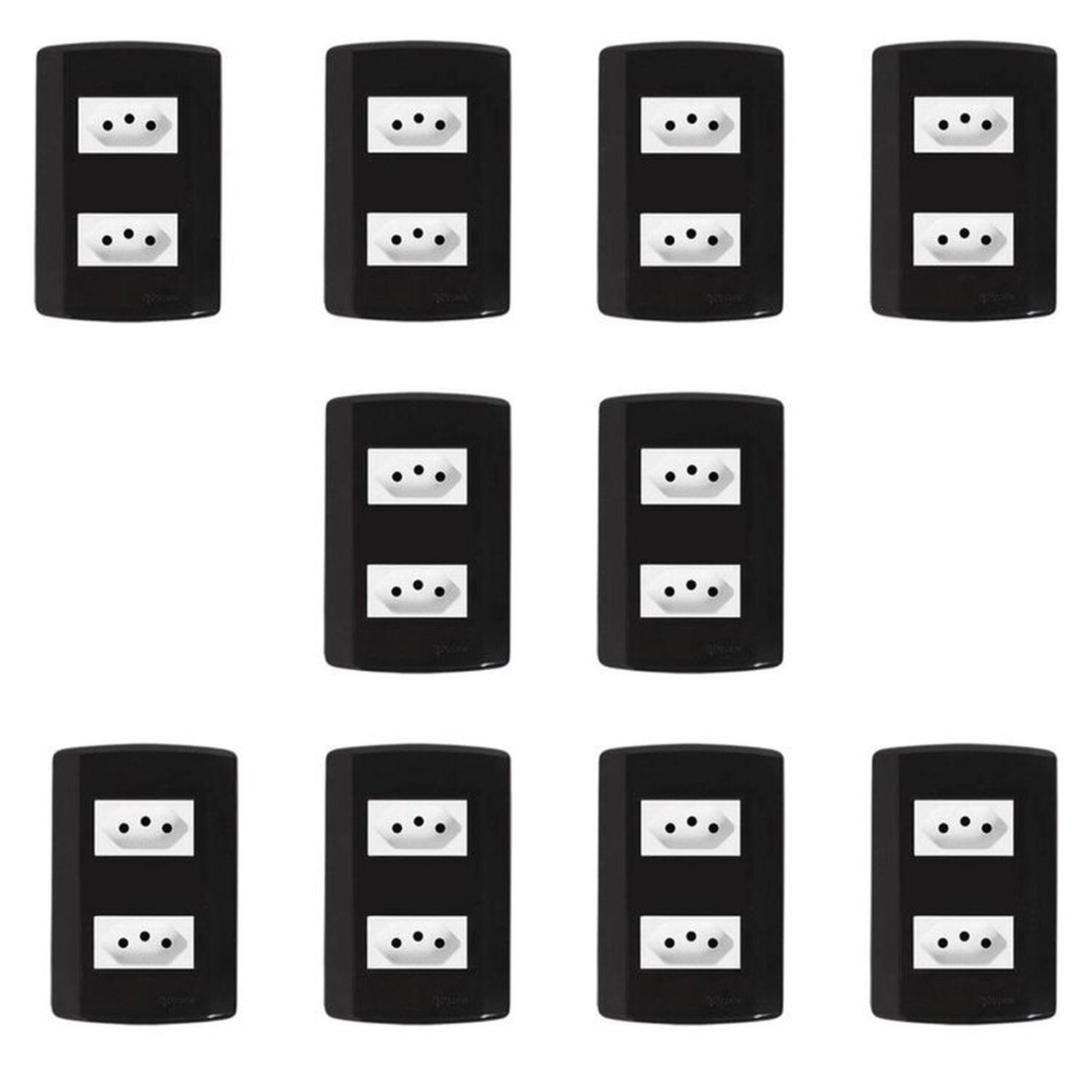 Dez Conjuntos Com 2 Tomadas 2p+t 20a 250v, Modular, Com Placa 4x2 E Suporte Preto E Branco