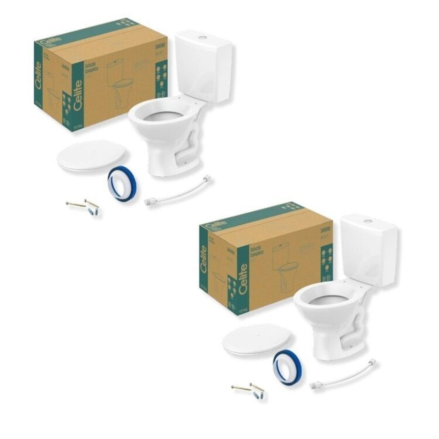 Kit 2 Vaso Sanitário Com Caixa Acoplada E Assento Saveiro Celite Branco Brilhante