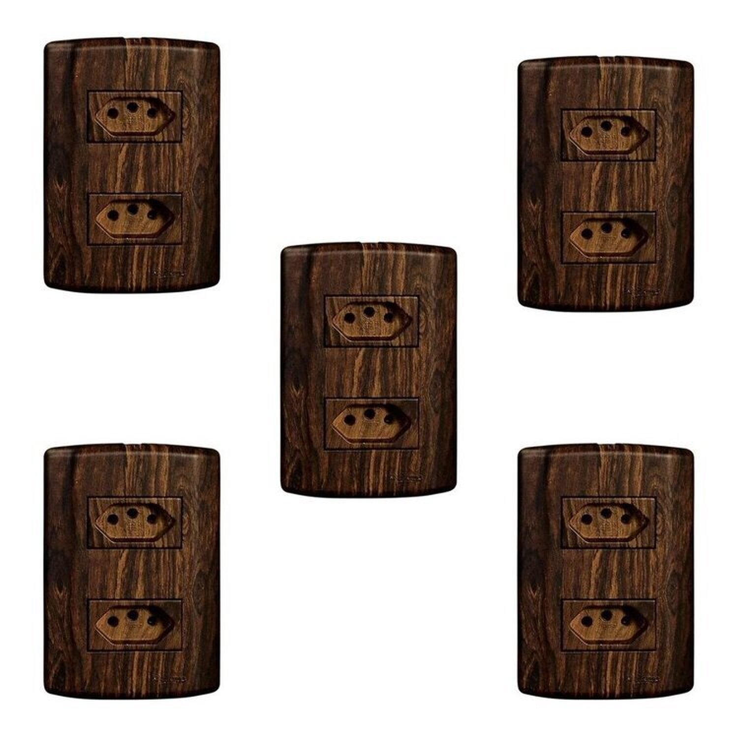 Cinco Conjuntos Com 2 Tomadas 2p+t 20a 250v, Modular, Com Placa 4x2 E Suporte Madeirado Imbuia