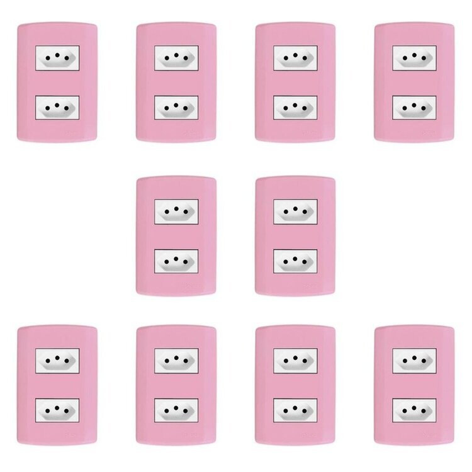 Dez Conjuntos Com 2 Tomadas 2p+t 20a 250v, Modular, Com Placa 4x2 E Suporte Rosa E Branco