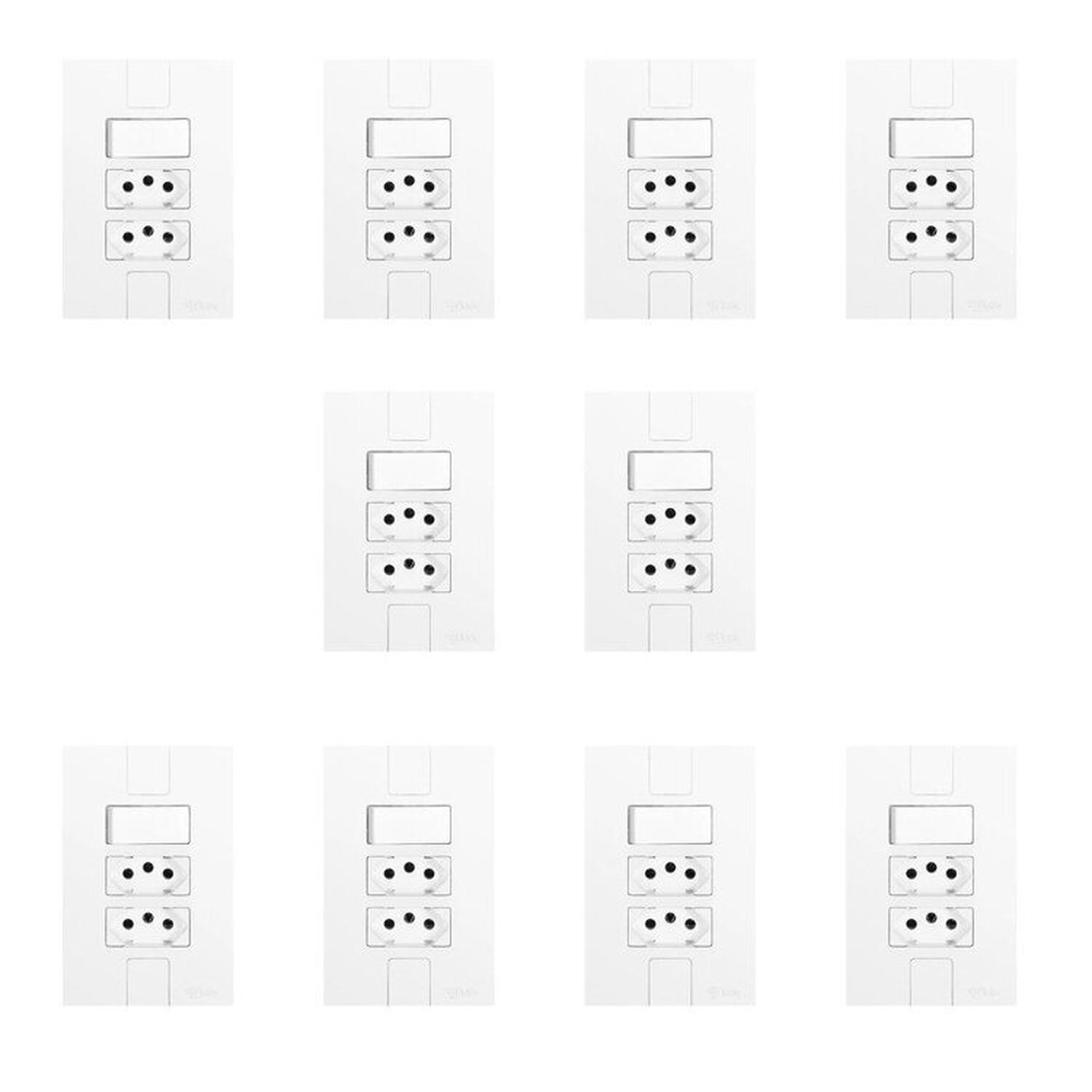 Conjunto De 10 Interruptores De 1 Tecla Simples E 2 Tomadas 2p+t 20a , Modular, Com Placa 4x2 Branco