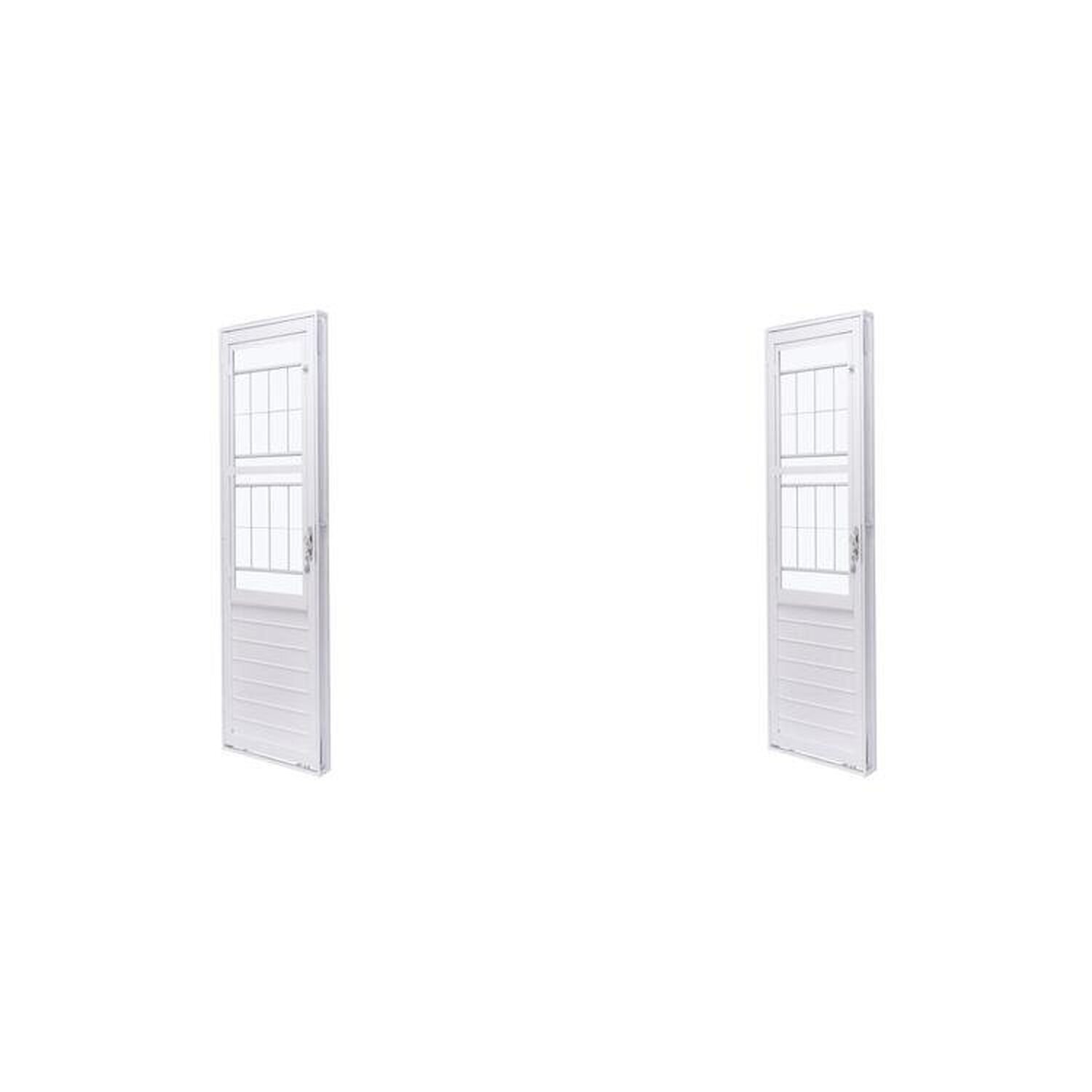 Kit Com 2 Portas De Aço Com Postigo 215x83cm Com Grade Quadriculada E Vidro Liso Unicsol Ramassol Branco