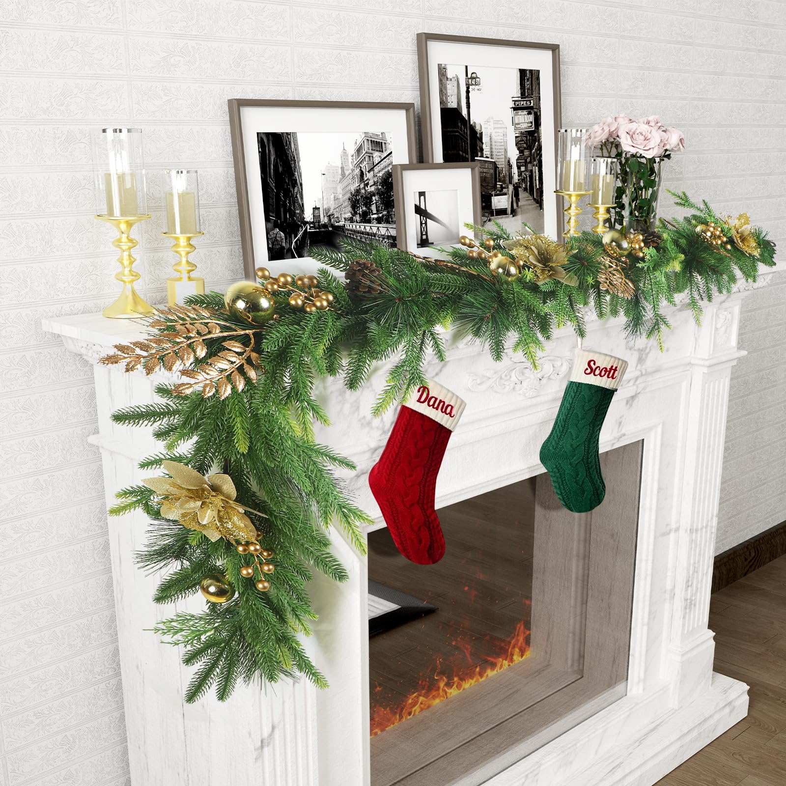 Guirlanda De Natal Tisement Norfolk Pine Com Flores Douradas De 6 Pés