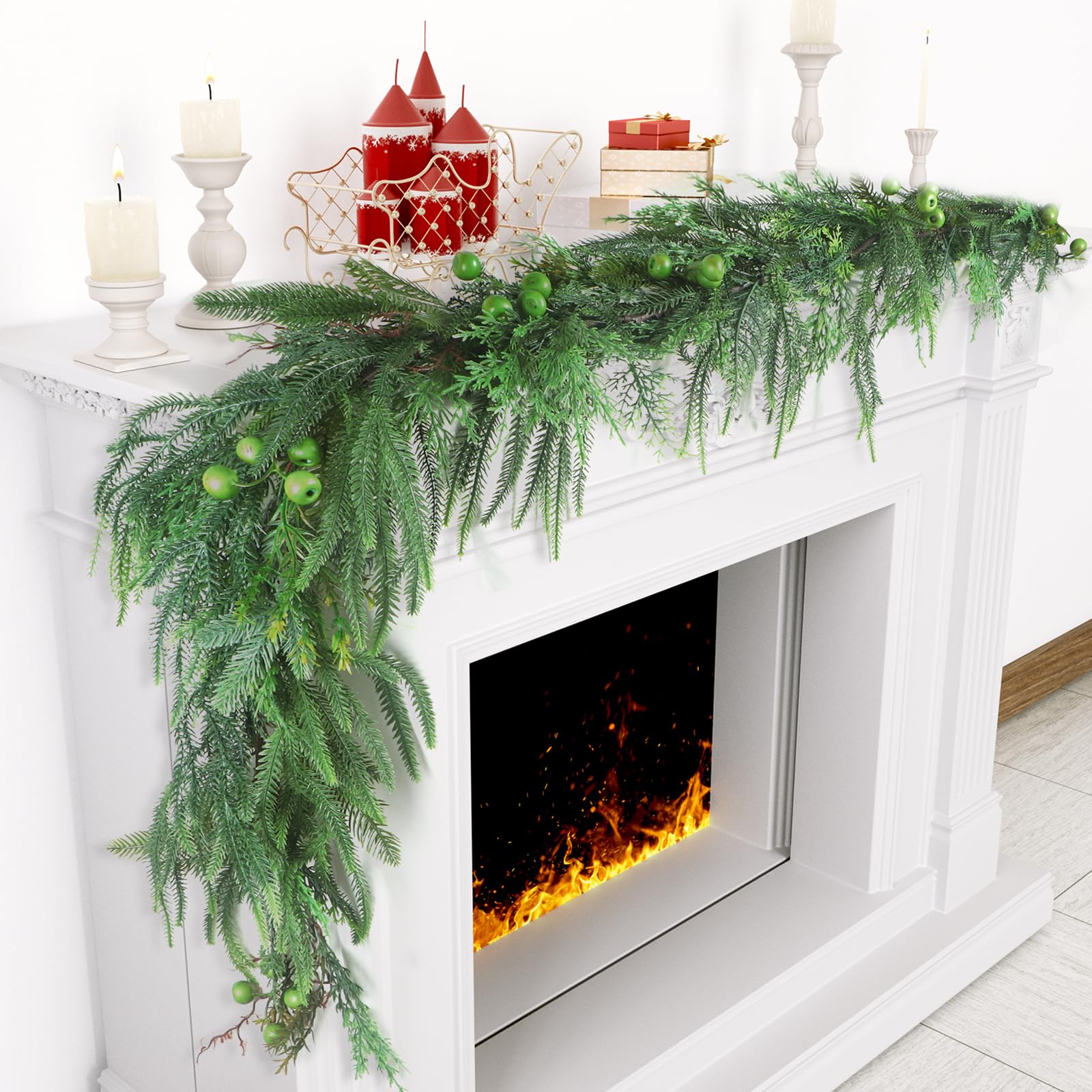 Guirlanda De Natal Norfolk Pine 1,8 M Com Frutas Verdes Para Decoração