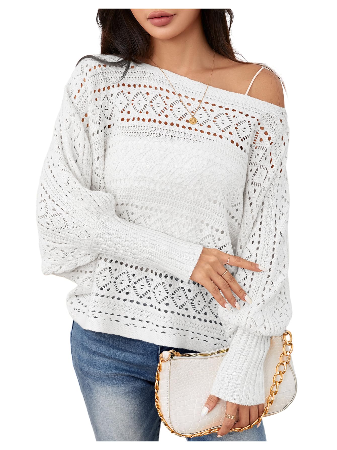 Suéter Verdusa Crochet, Manga Dolman, Gola De Barco, Branco