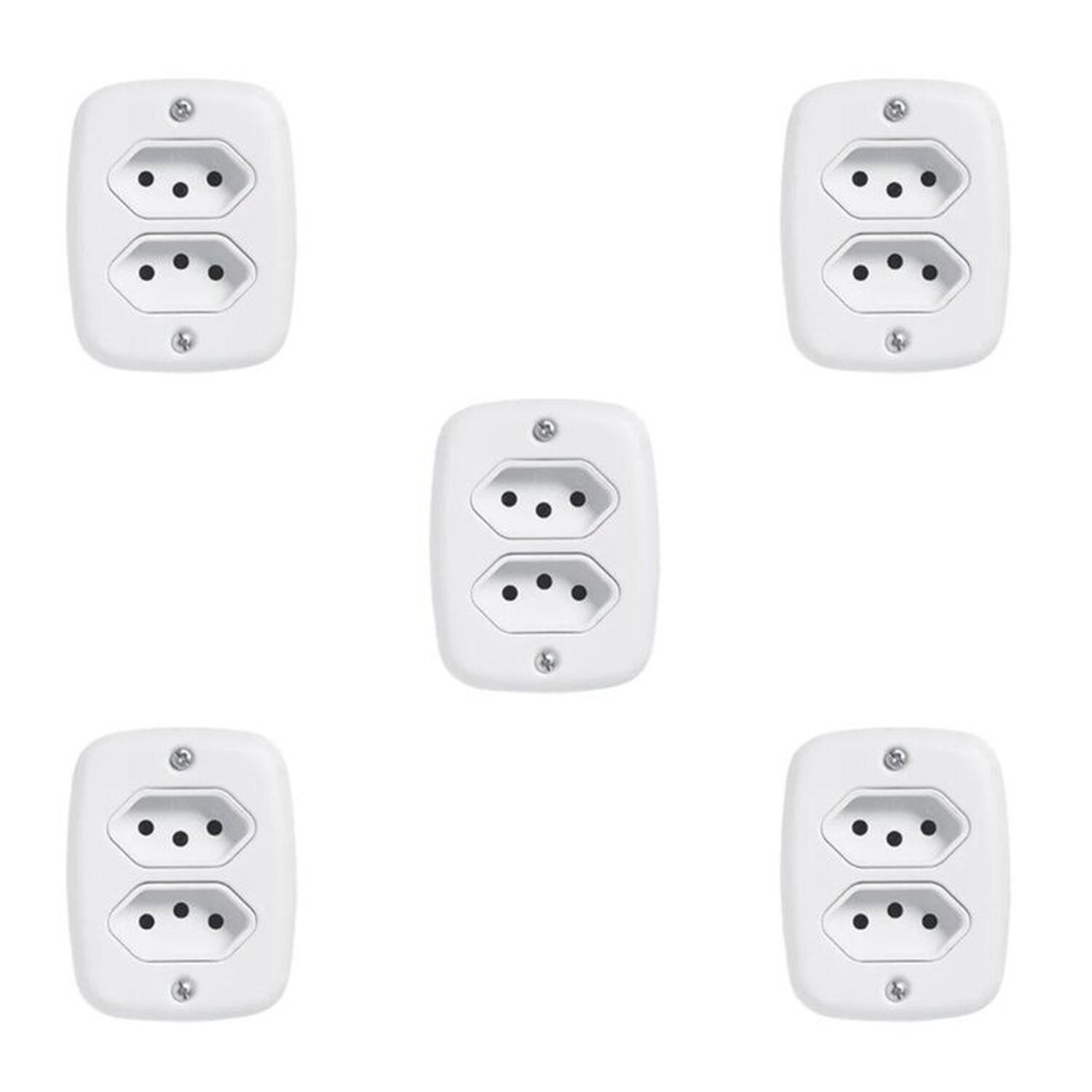 Cinco Conjuntos Com 2 Tomadas 2p+t 20a 250v, Com Placa De Sobrepor Branco