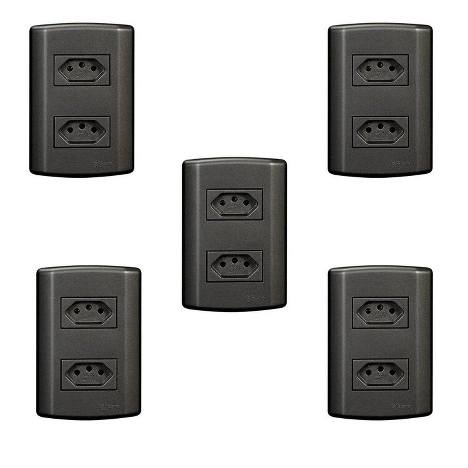 Cinco Conjuntos Com 2 Tomadas 2p+t 20a 250v, Modular, Com Placa 4x2 E Suporte Grafite