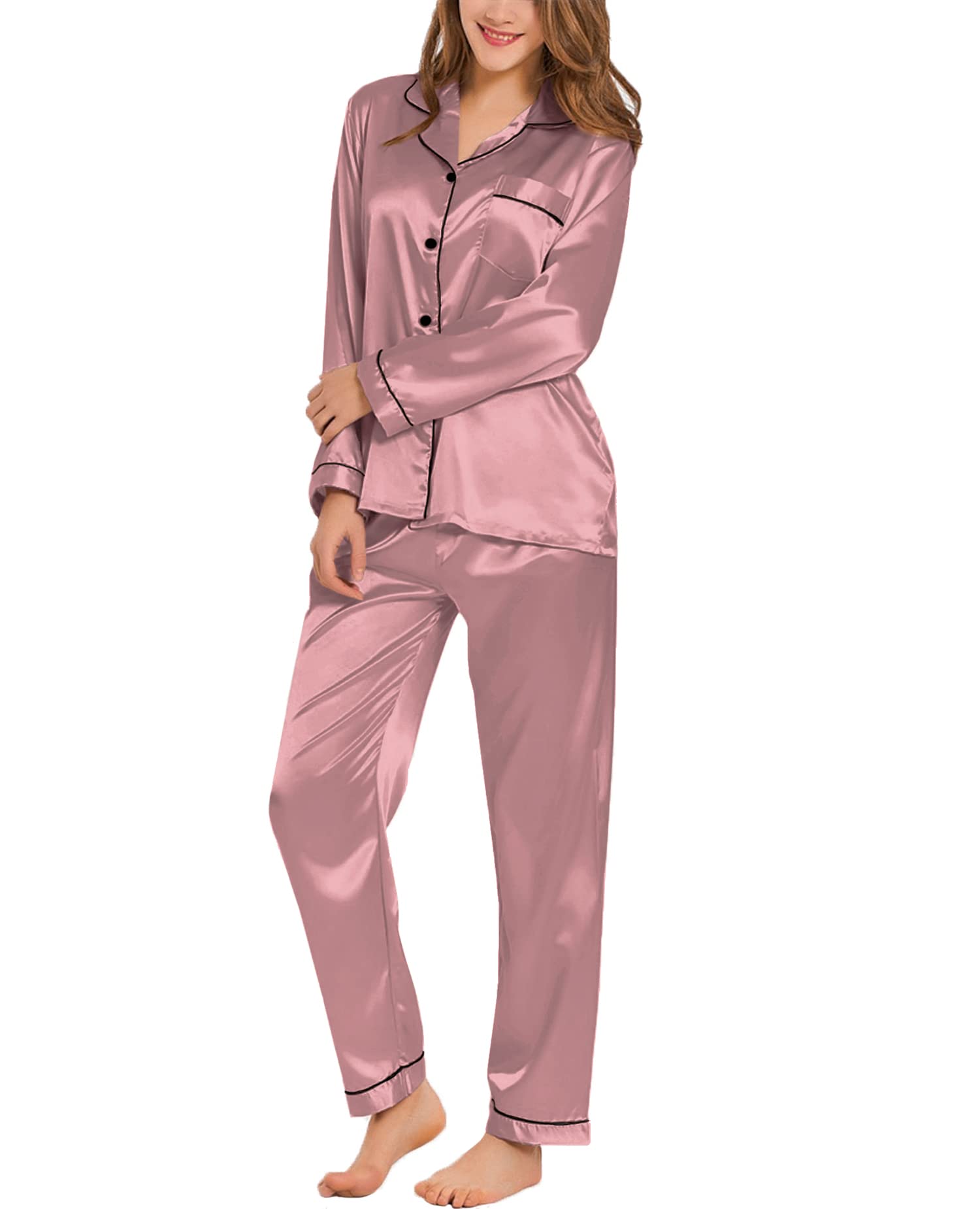 Conjunto De Pijama Feminino Swomog, Seda, Cetim, Manga Comprida, Misty Rose