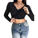 Camisa De Manga Comprida Feminina Chicme Rib-knit Com Sutiã Embutido Preto