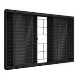 Janela De Aço Veneziana De Correr Central Com Grade Quadrada 6 Folhas 100x120cm Aço Pronto Riobras Preto