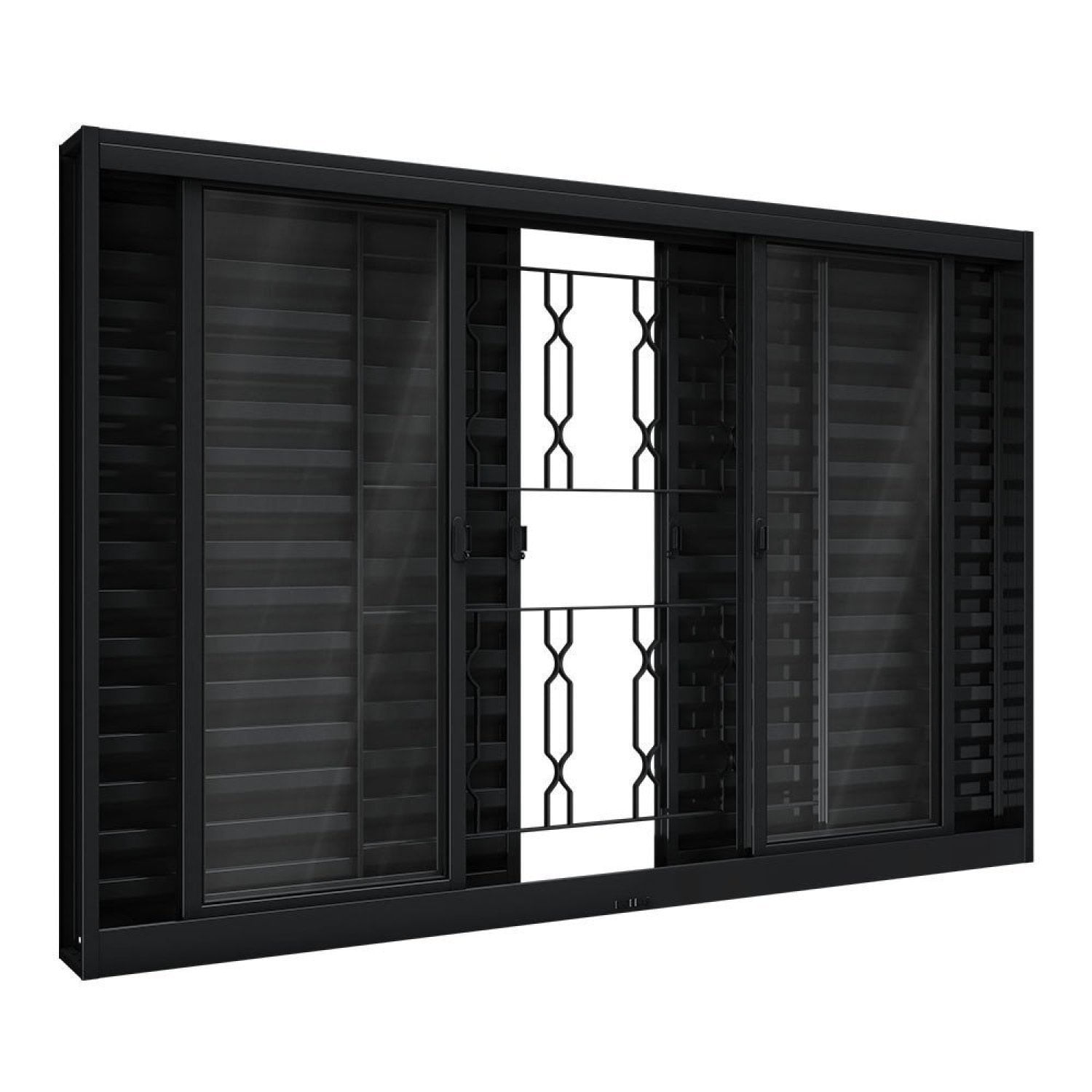 Janela De Aço Veneziana De Correr Central Com Grade Mosaico 6 Folhas 120x150cm Aço Pronto Riobras Preto