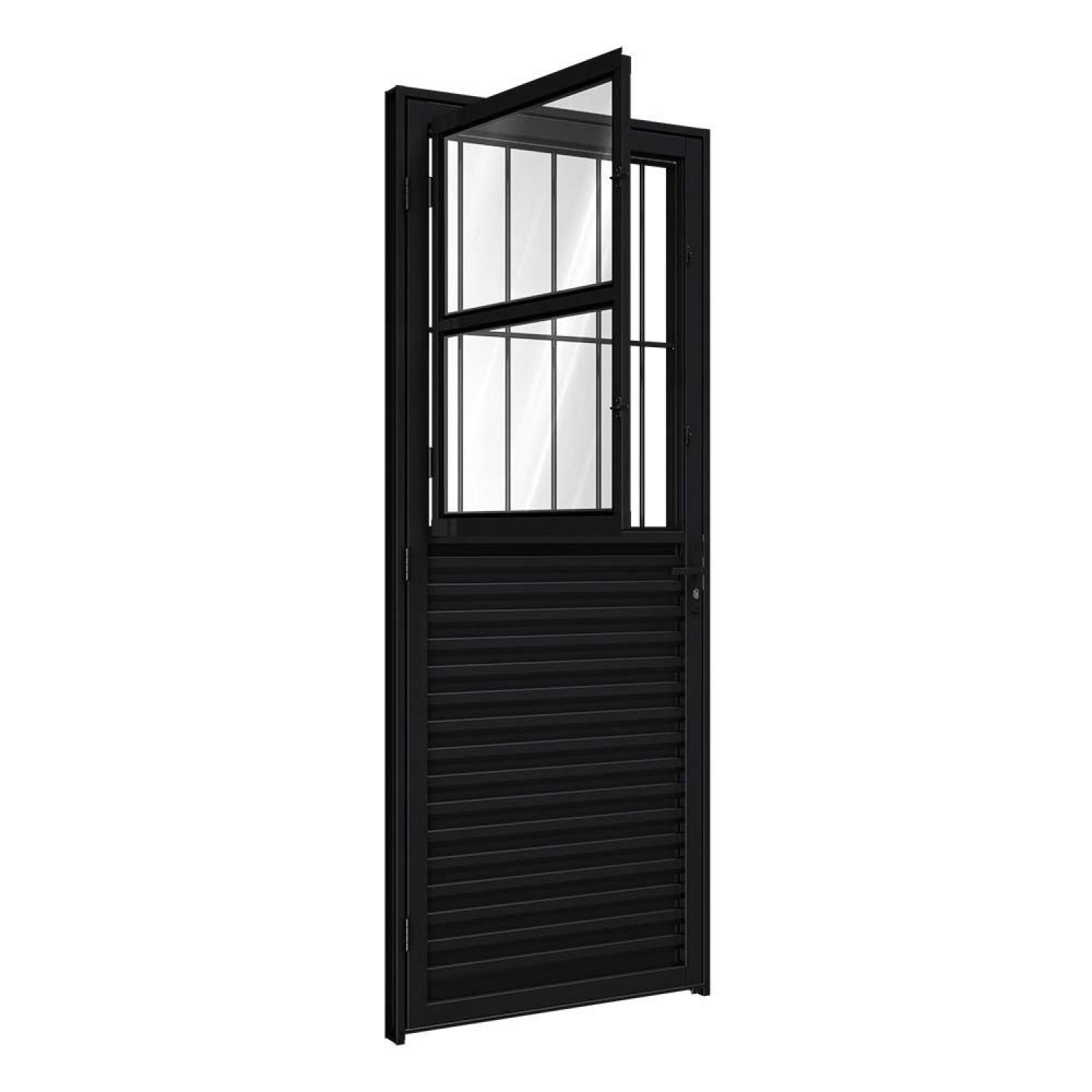 Porta De Alumínio De Giro Mista Com Postigo E Grade 215x85cm Riobras Preto
