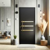 Porta De Aluminio Lambril 210x90cm Frisada Com Puxador Super Brimak Preto Dourado