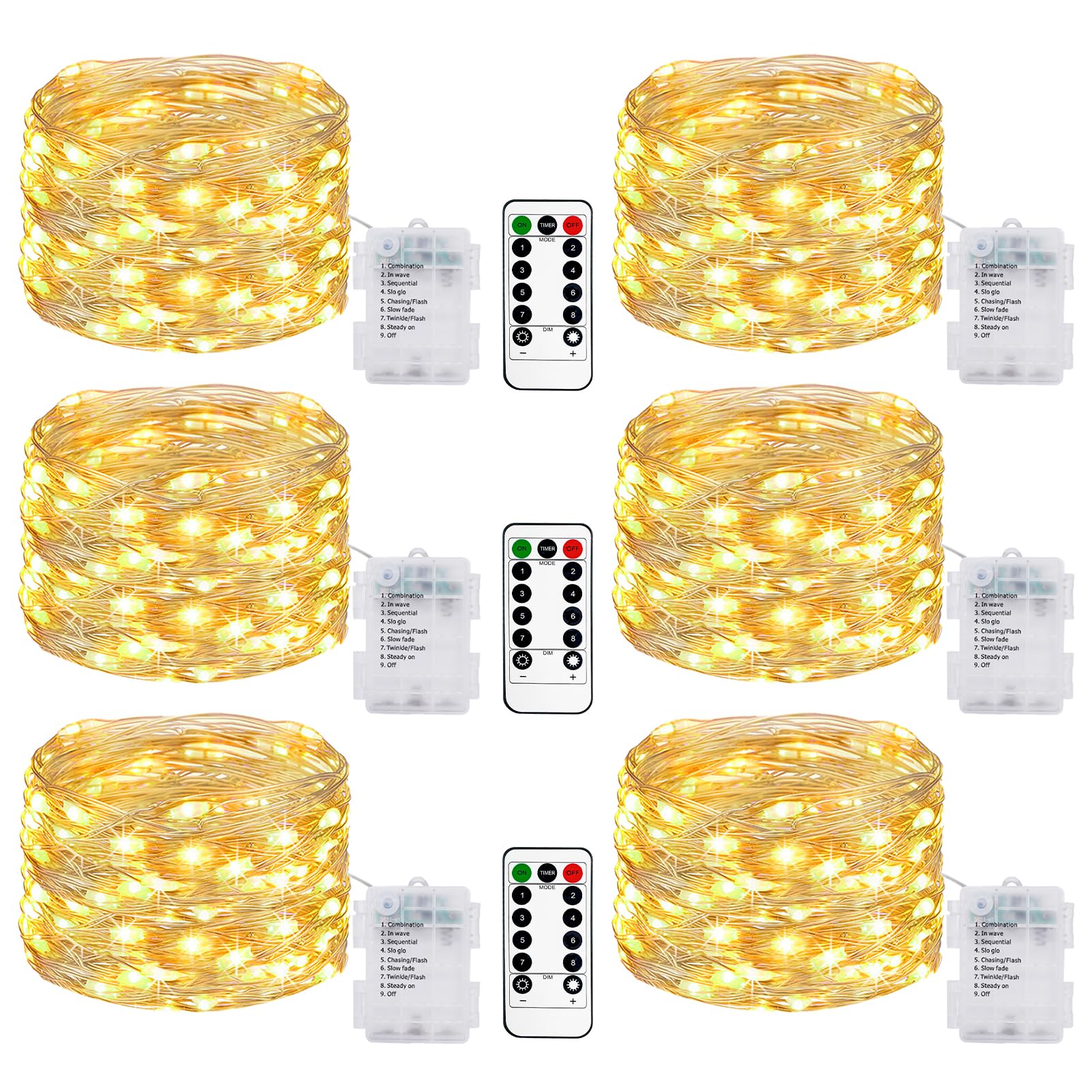 Fairy String Lights Litogo 10 M 100 Led Com Controle Remoto, Pacote Com 6