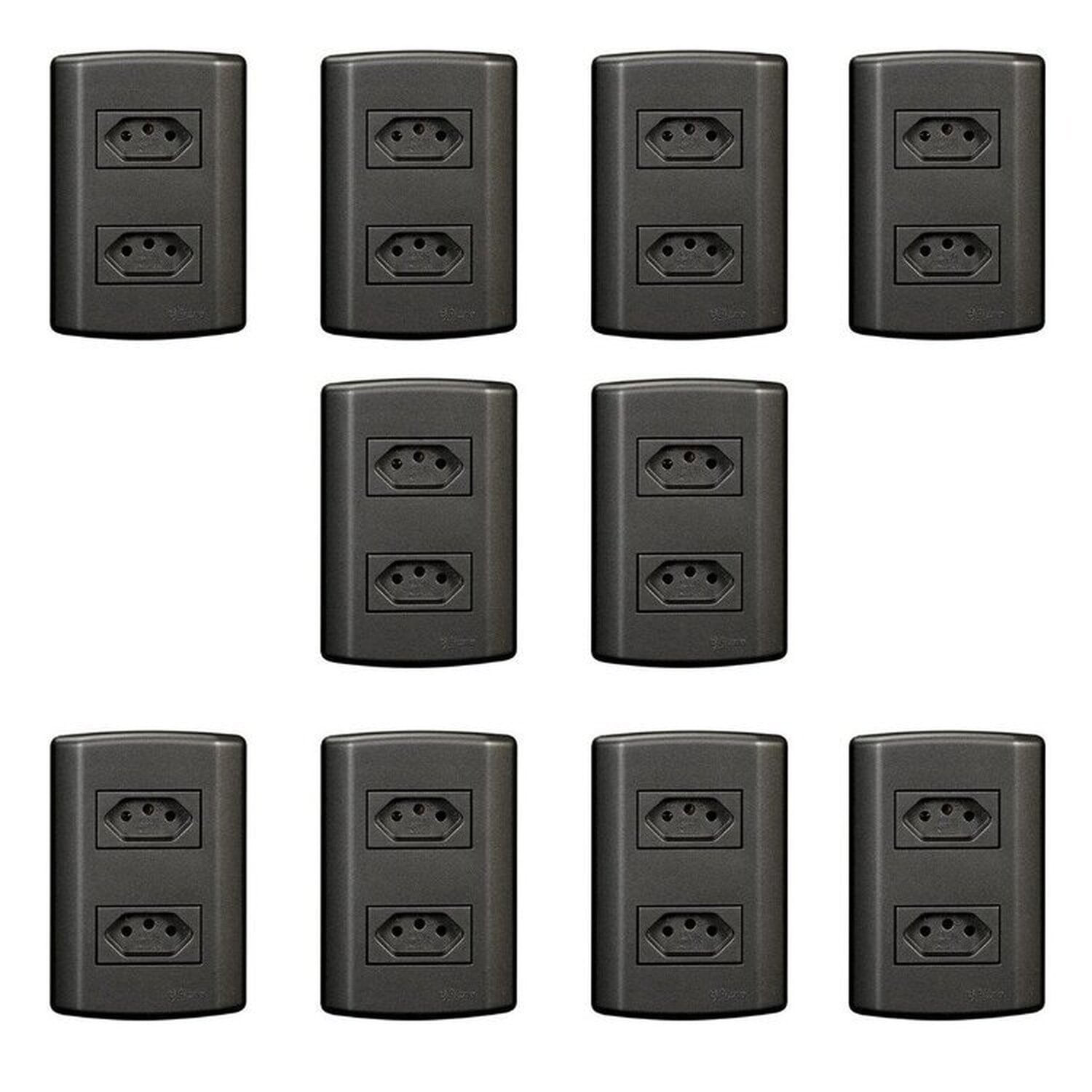 Dez Conjuntos Com 2 Tomadas 2p+t 20a 250v, Modular, Com Placa 4x2 E Suporte Grafite