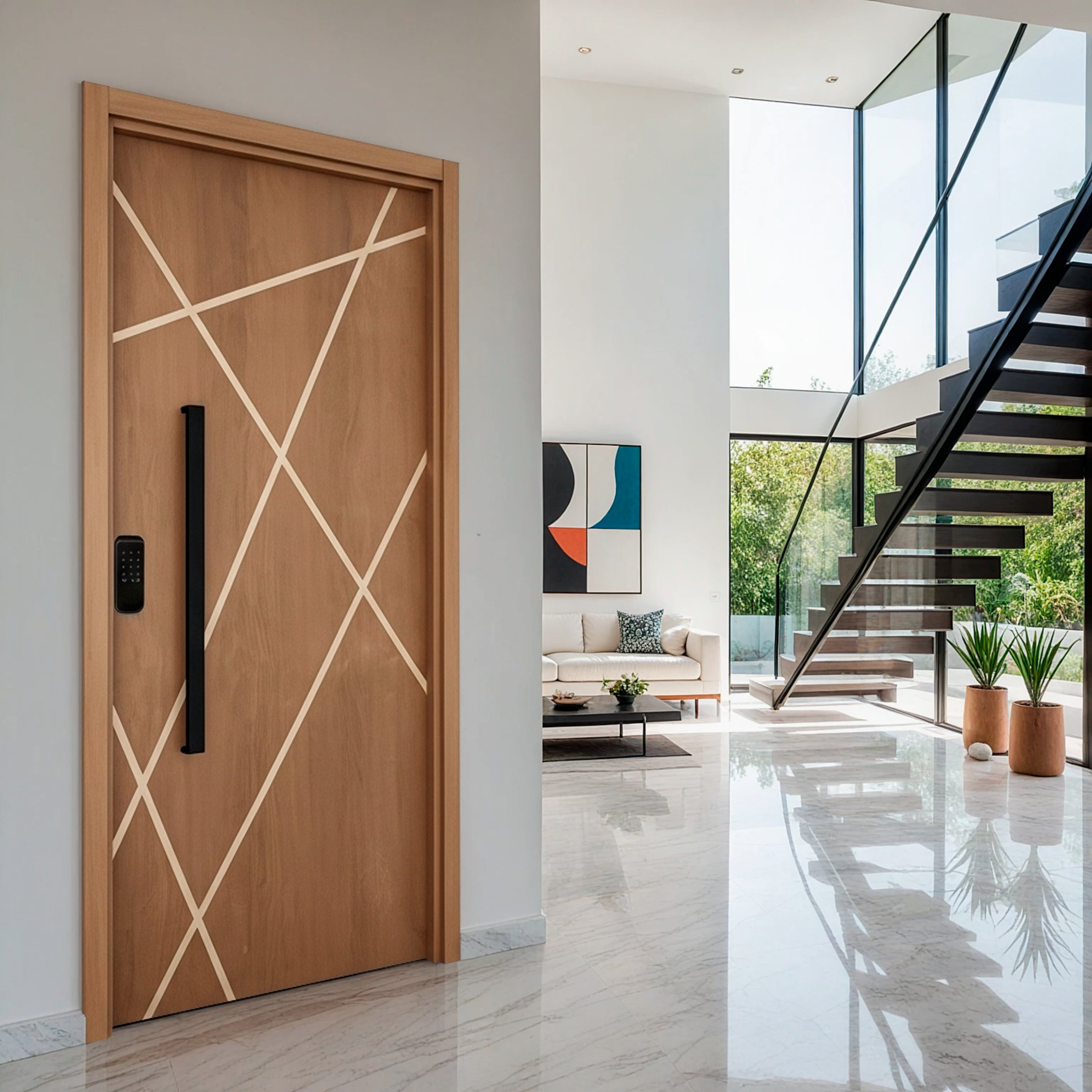 Kit Porta De Madeira Frisada 215x109cm Batente 14cm Fechadura Digital E Puxador Rodam Portas Marrom