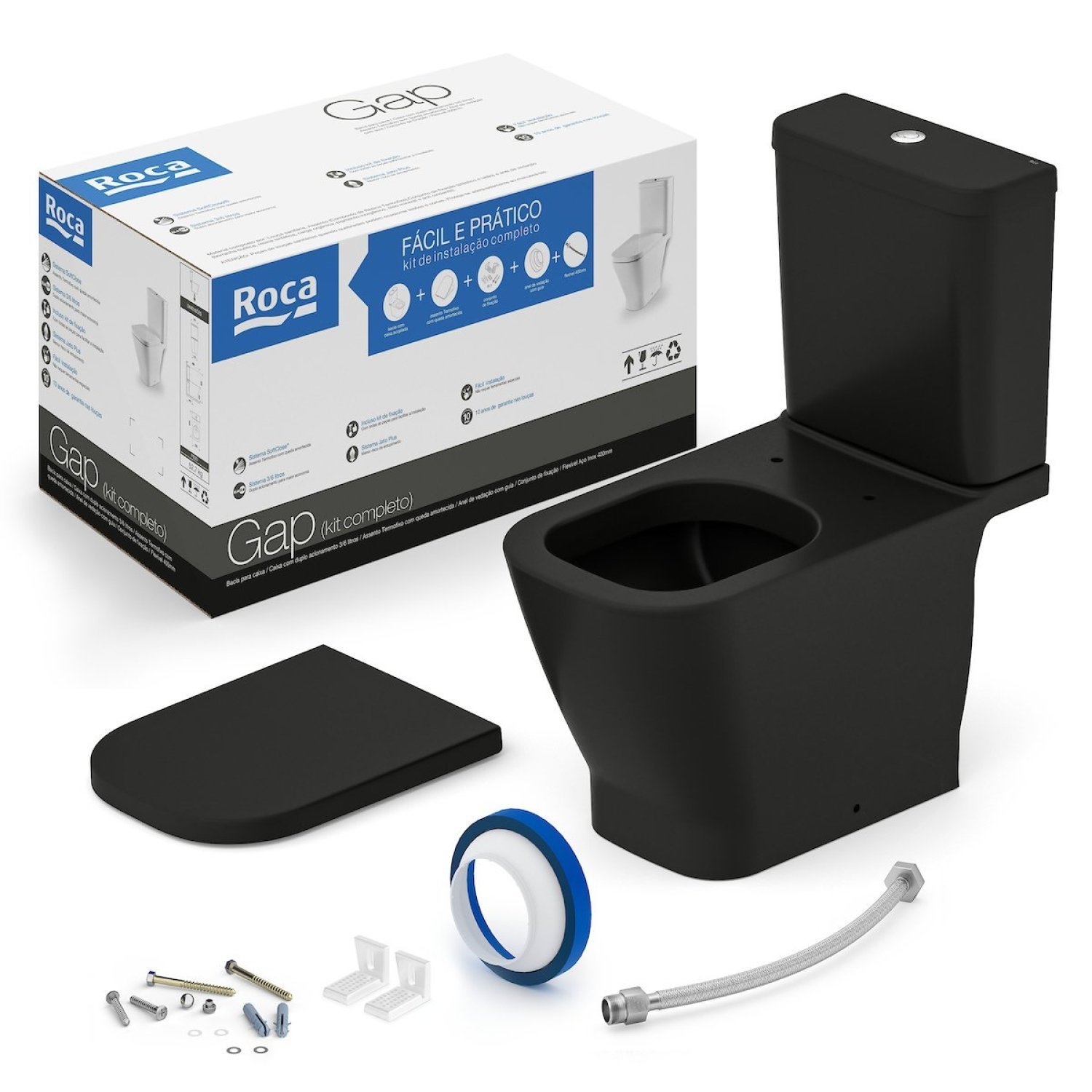 Kit Bacia Com Caixa, Assento Termofixo Com Queda Amortecida E Complementos De Instalação Gap Roca Matte Black