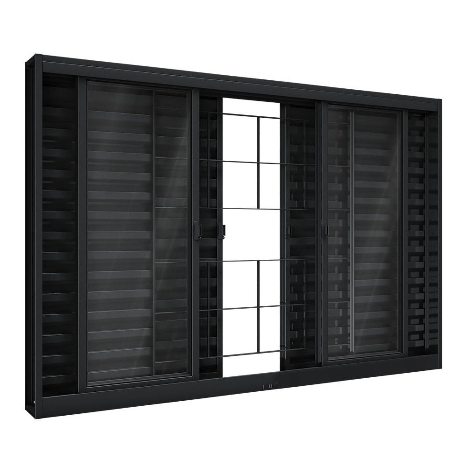 Janela De Aço Veneziana De Correr Central Com Grade Quadrada 6 Folhas 120x150cm Aço Pronto Riobras Preto