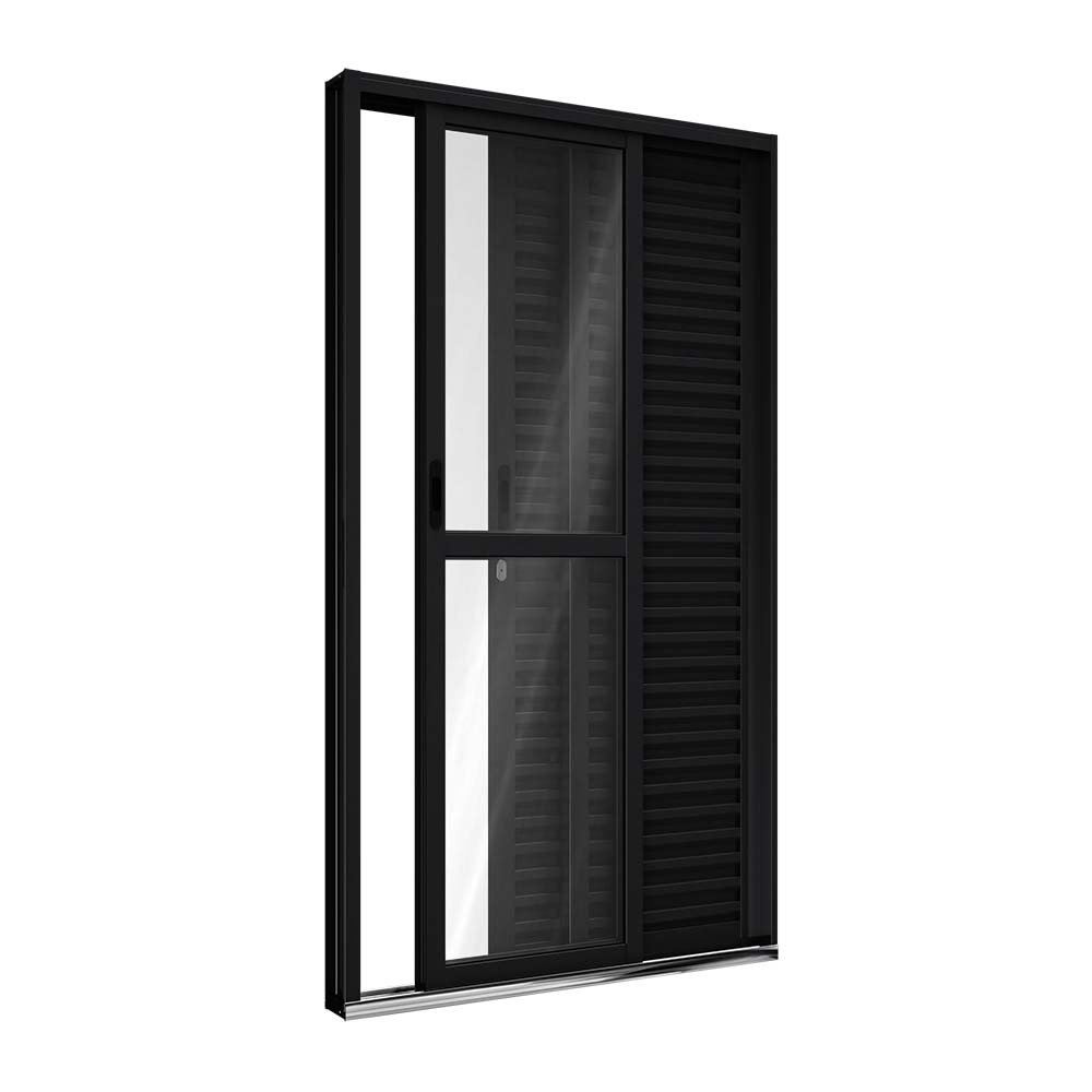Porta De Alumínio Balcão De Correr Lateral 2 Folhas Móveis E 1 Fixa 213x120cm Riobras Preto