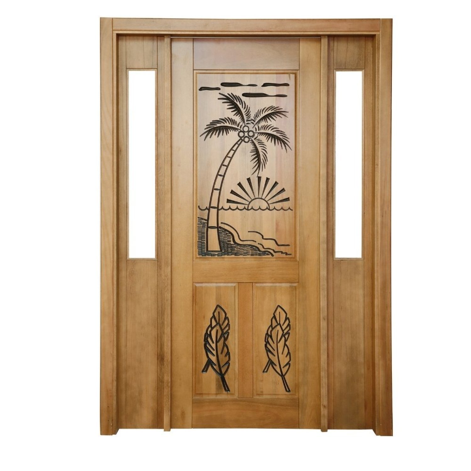 Portal Madeira Maciça Vitrô Duplo Palmeira Entalhada Completa 153x213x18cm Cedro Rosa Madeira