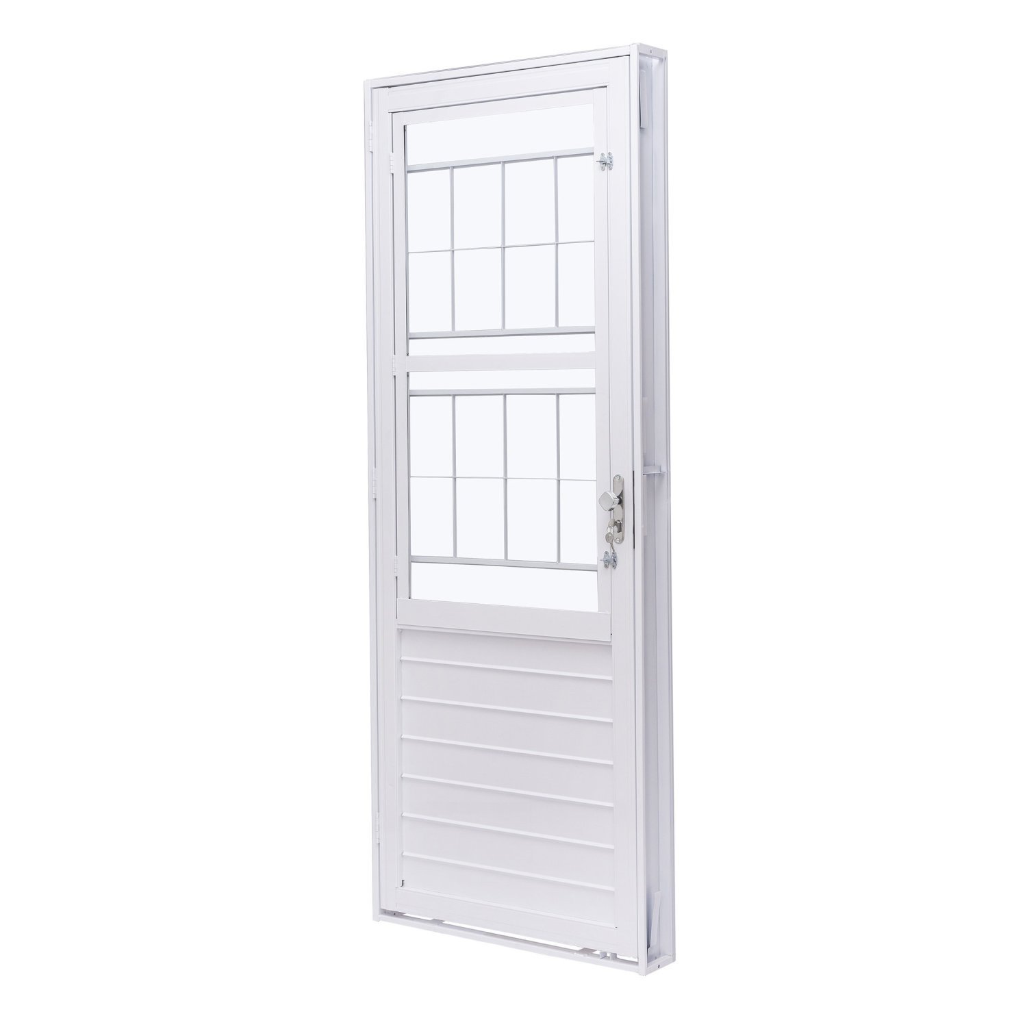 Porta De Aço Com Postigo 215x83cm Com Grade Quadriculada E Vidro Liso Unicsol Ramassol Branco