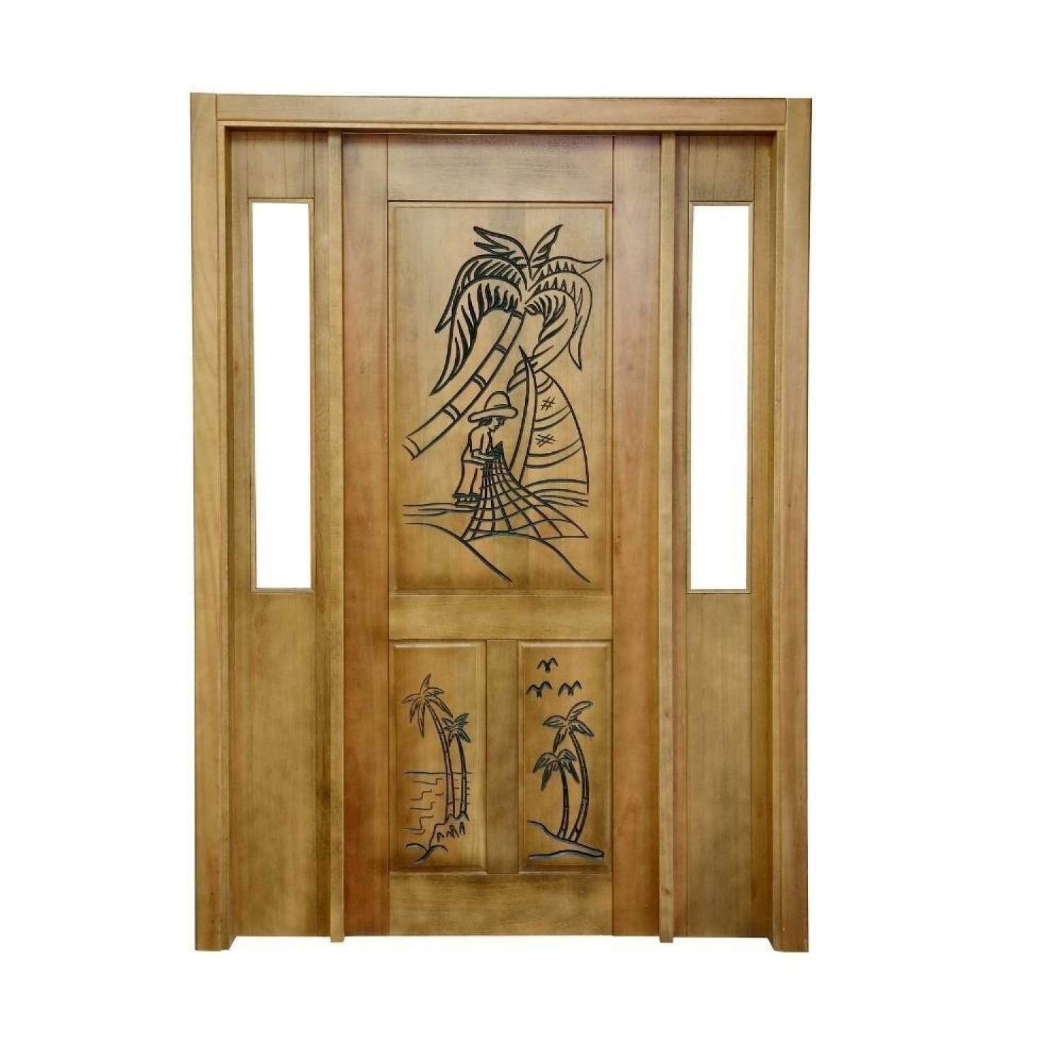 Portal Madeira Maciça Vitrô Duplo Pescador Entalhada Completa 153x213x18cm Cedro Rosa Madeira