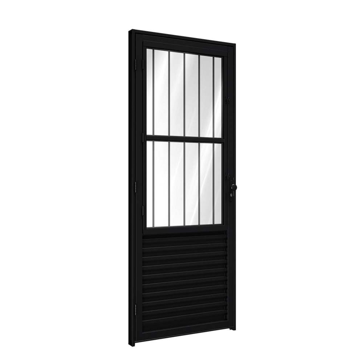 Porta De Alumínio De Giro Com Postigo E Grade 215x85cm Riobras Preto