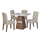 Conjunto De Mesa Sala De Jantar Trieste 0,90m Quadrada Com 4 Cadeiras Estofado Suede Madeirado/off White