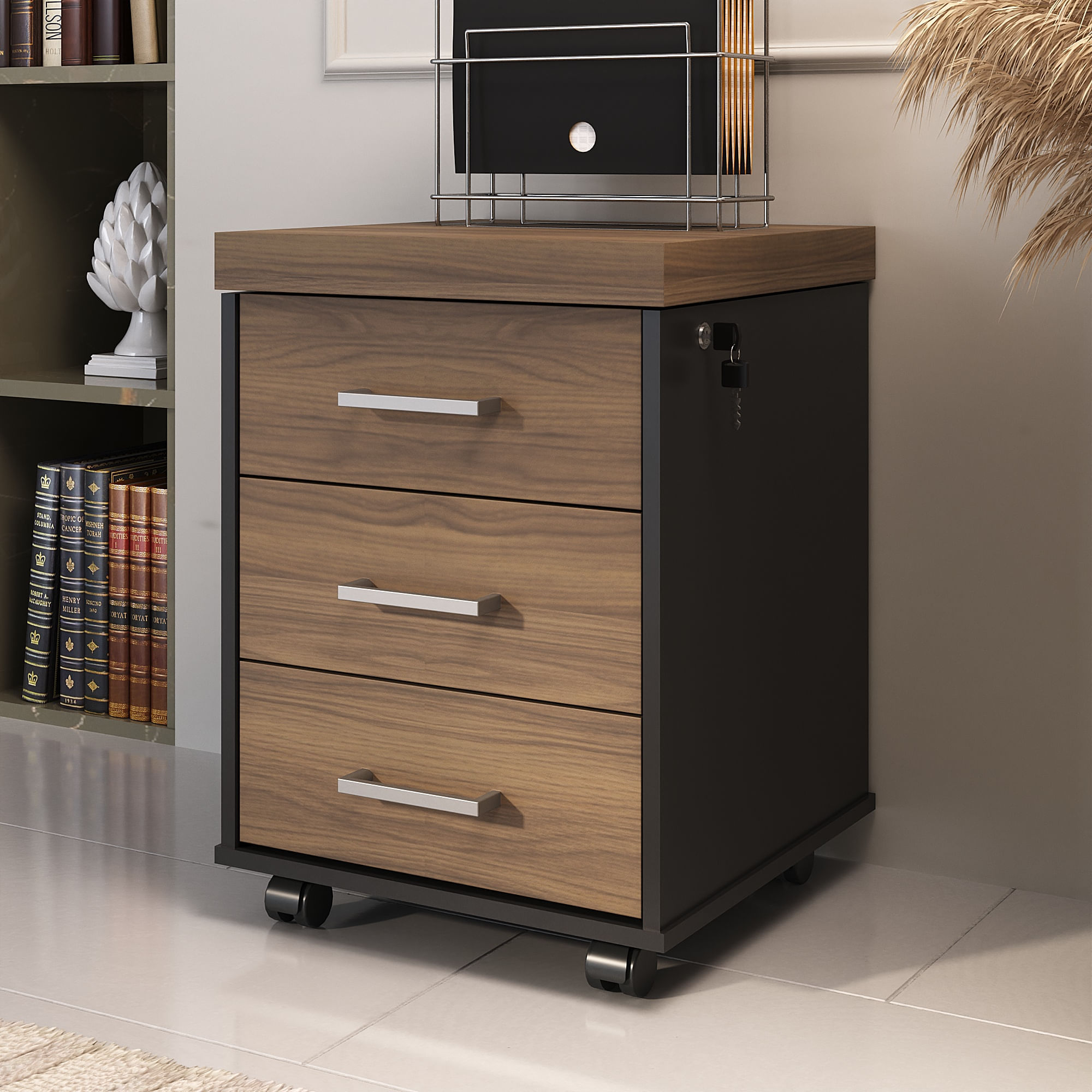 Gaveteiro Artany Tamburato Com 3 Gavetas Cor Nogal Com Preto