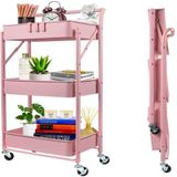 Carrinho Multiuso Organizador 3 Prateleiras Dobravel Em Aço Rosa Quarto Sala Brinquedos Salao Manicure Varanda