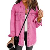 Jaqueta Jeans Luvamia, Moda Feminina, Manga Comprida, Rosa Grande