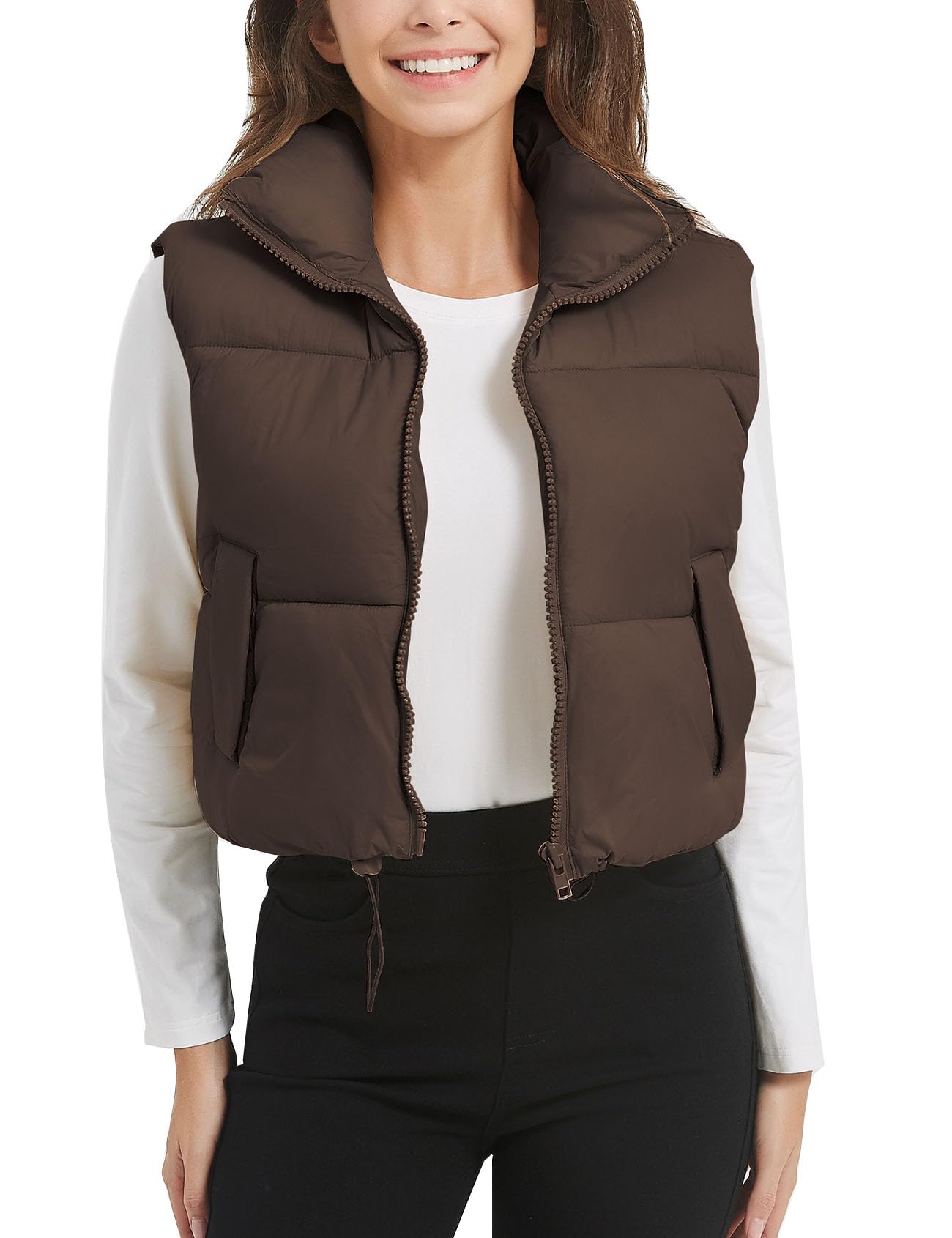 Colete Acolchoado Feminino Flygo Cropped, Leve, Marrom, Tamanho M