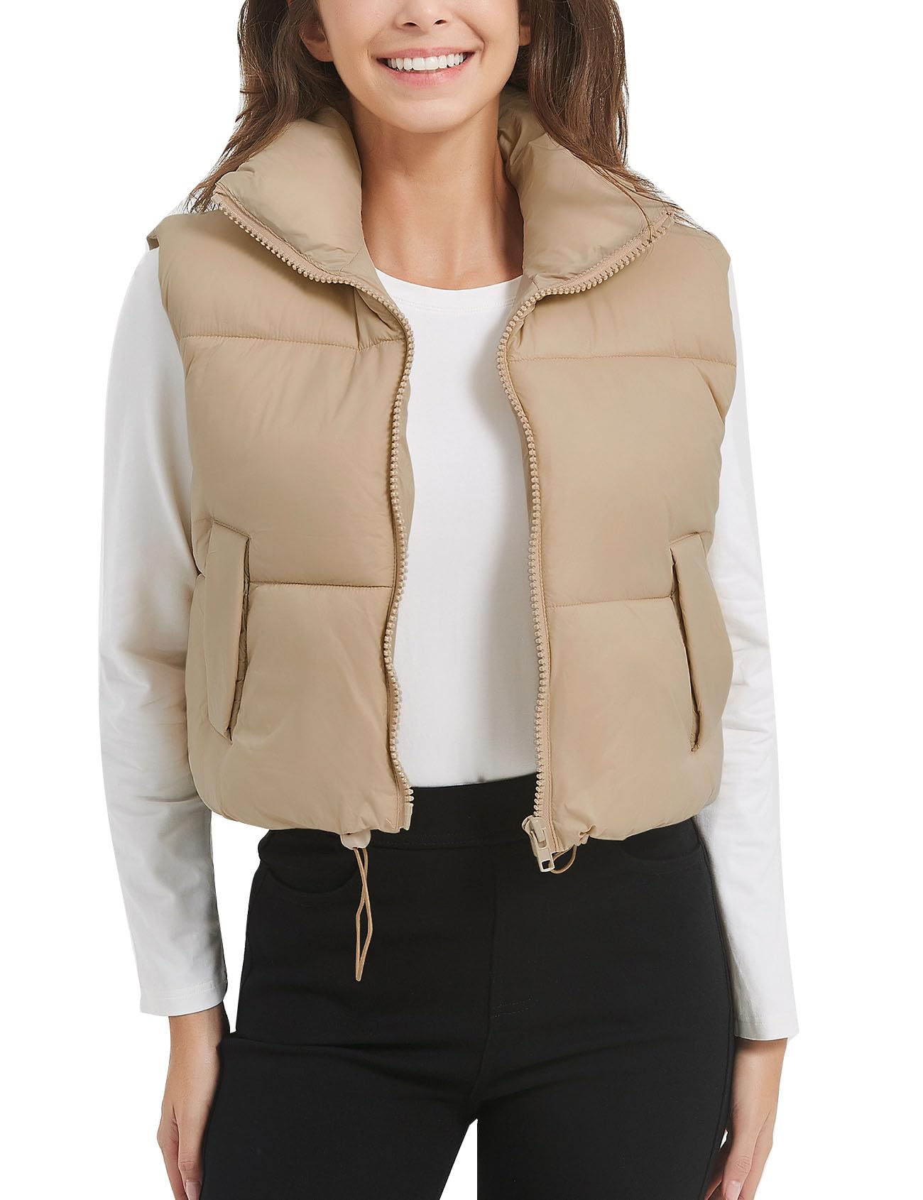 Colete Acolchoado Feminino Flygo Cropped, De Inverno, Cáqui