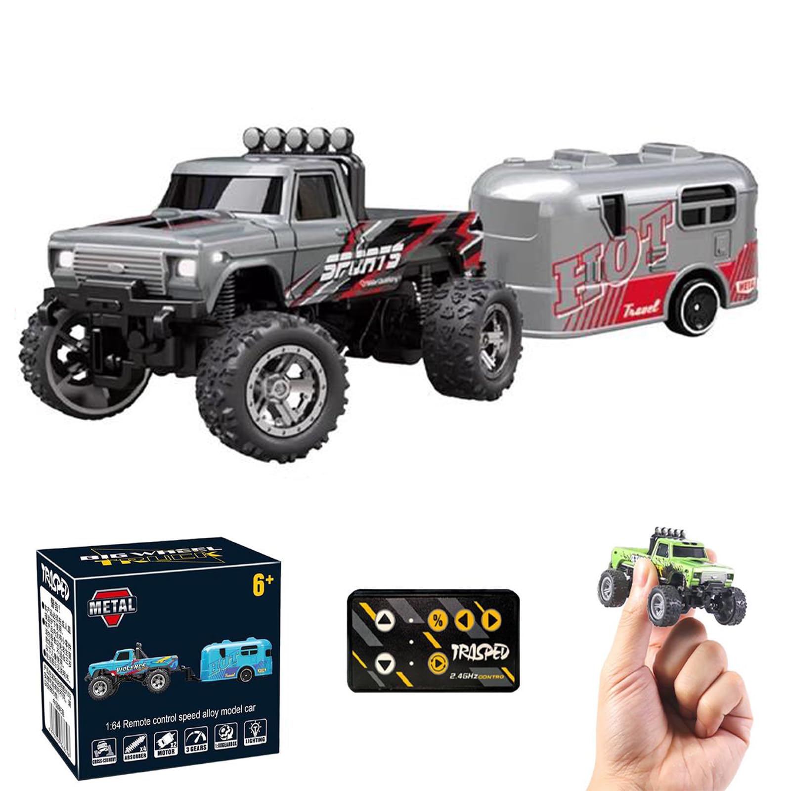Rc Monster Truck Mini Com Reboque Recarregável Em Escala 1:64