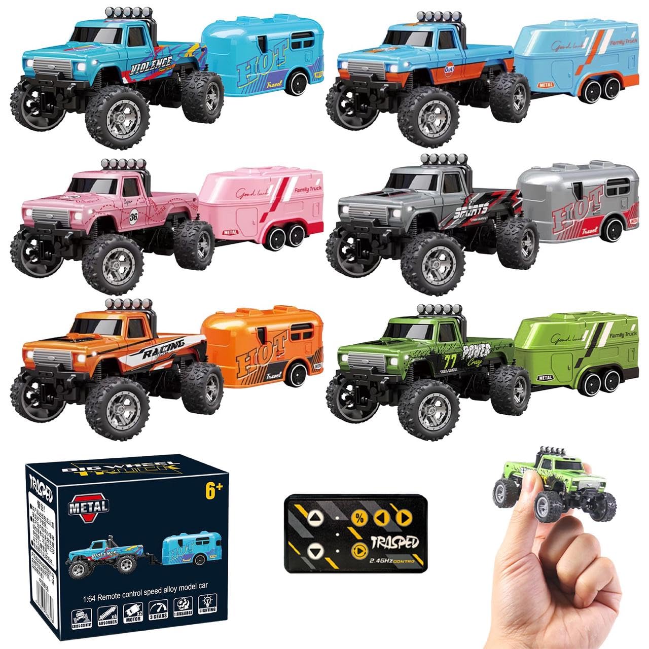 Rc Monster Truck Mini Escala 1:64 Com Controle Remoto De Reboque