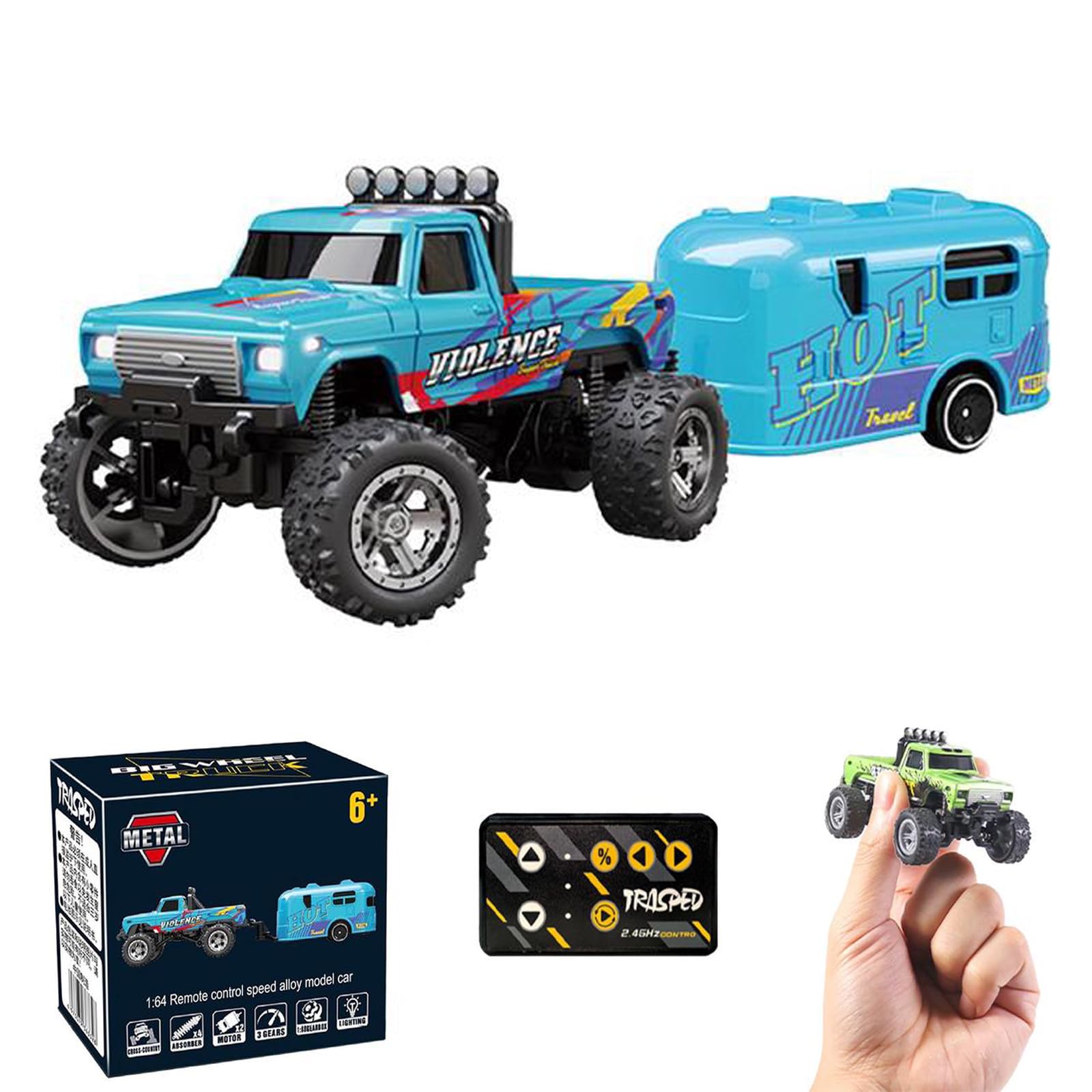 Rc Monster Truck Mini Com Reboque Recarregável Em Escala 1:64