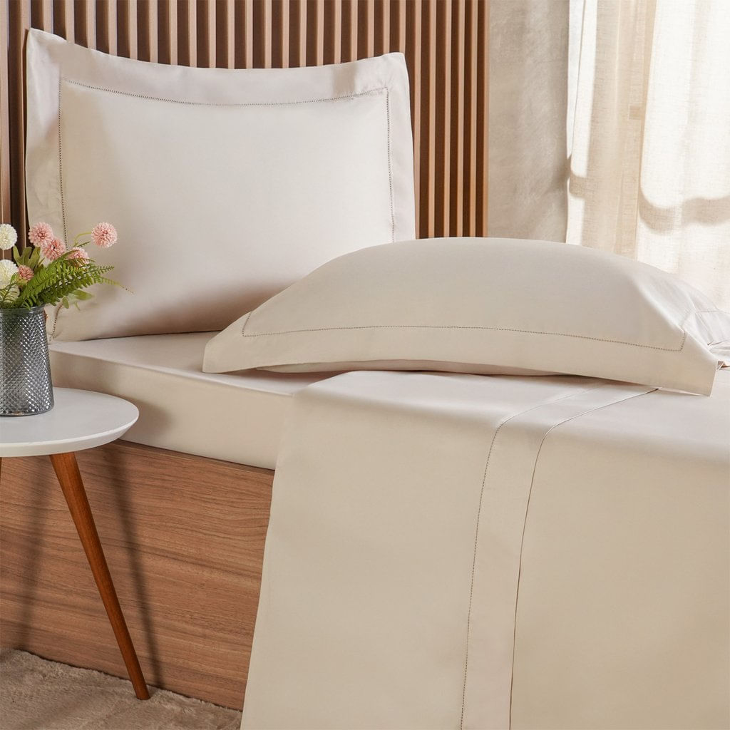 Jogo De Cama Casal 4 Pçs Ricamo 300 Fios 100% Algodão 140x190x30cm Biscuit